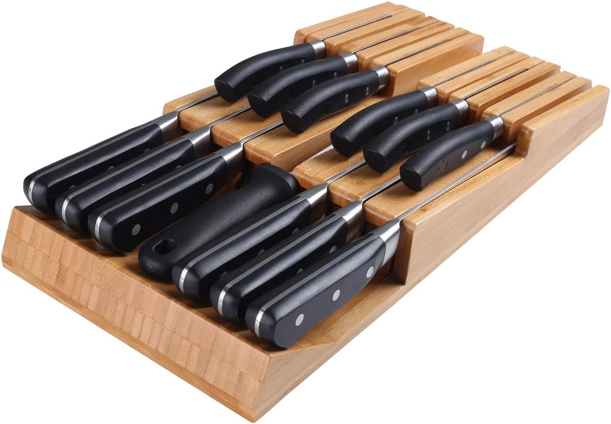 NIUXX Bamboo In-Drawer Knife Block Set for 16 Knives(Not Included), Large Kitchen Detachable Washable Cutlery Slot Organizer Storage Holder for Sharpening Steel and Cutter