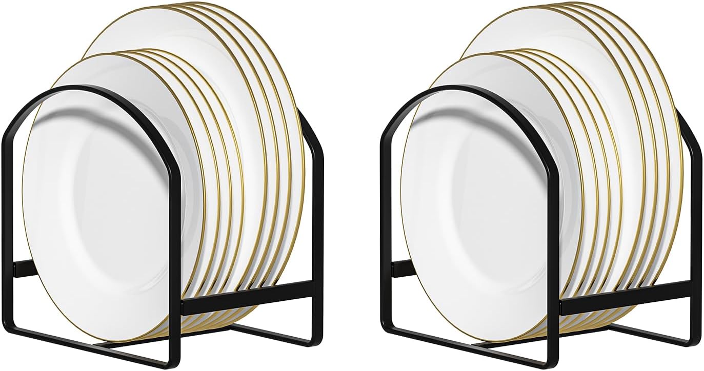 4 Pack Kitchen Plate Holder Organizer for Cabinet Space Saver Dinner Dish Plate Storage Rack Upright Dish Drying Racks Metal Dish Racks Stand for Cupboard and Countertop 2 Large 2 Small Black