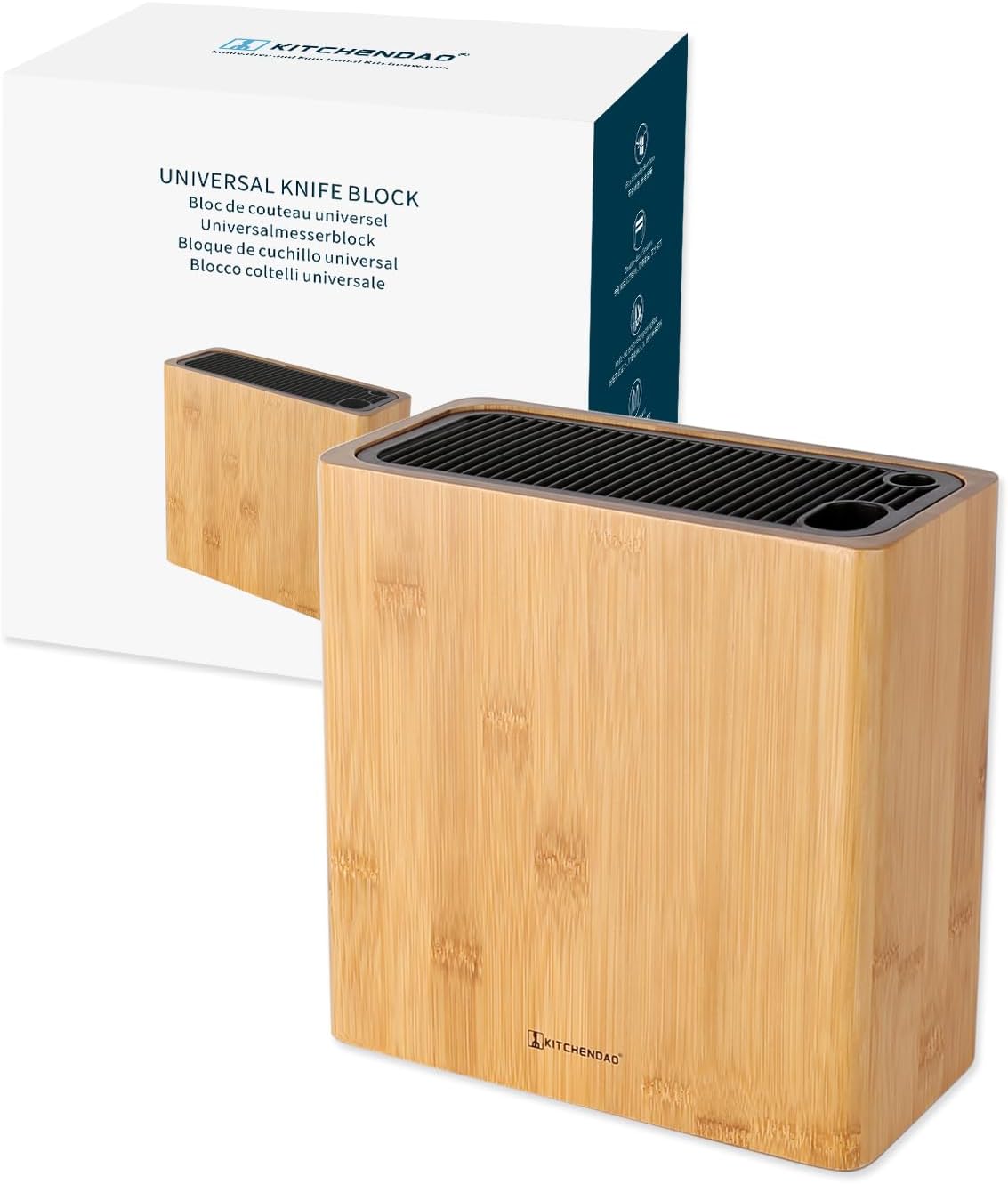 KITCHENDAO XL Acacia Wood Universal Knife Block with Slots for Scissors and Sharpening Rod, Safe, Space Saver Knives Storage Stand Display without Knives, Unique Slot Design to Protect Blade