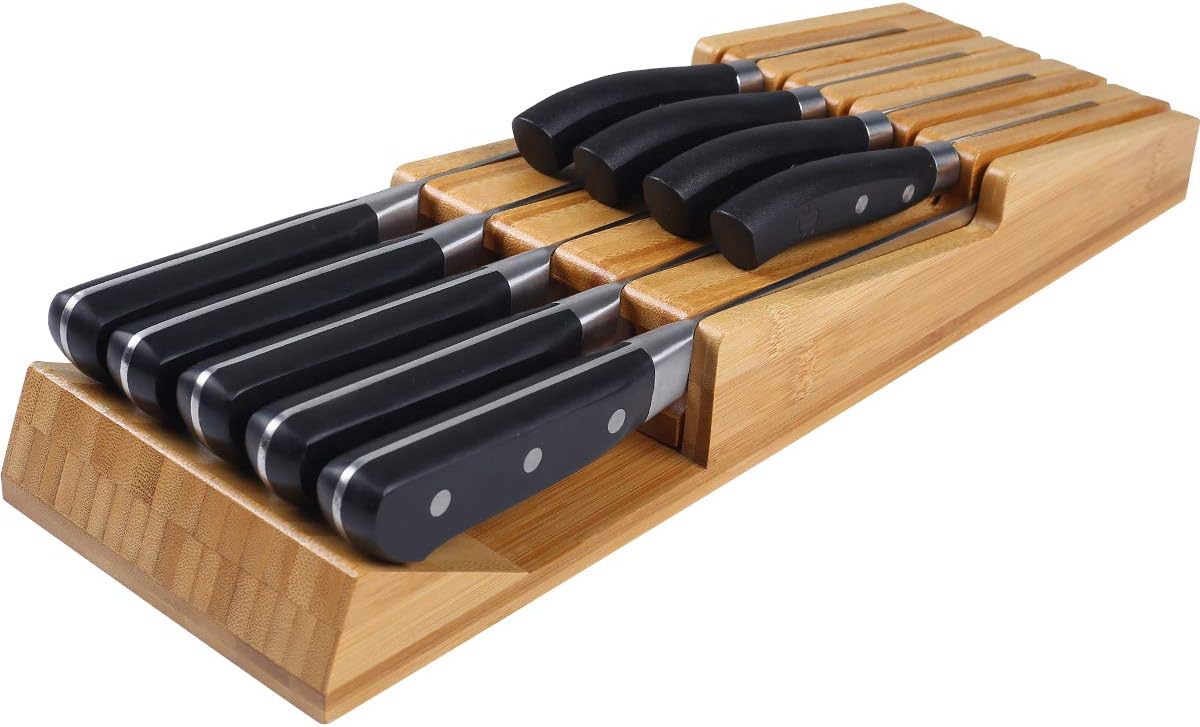NIUXX Bamboo In-Drawer Knife Block Set for 16 Knives(Not Included), Large Kitchen Detachable Washable Cutlery Slot Organizer Storage Holder for Sharpening Steel and Cutter