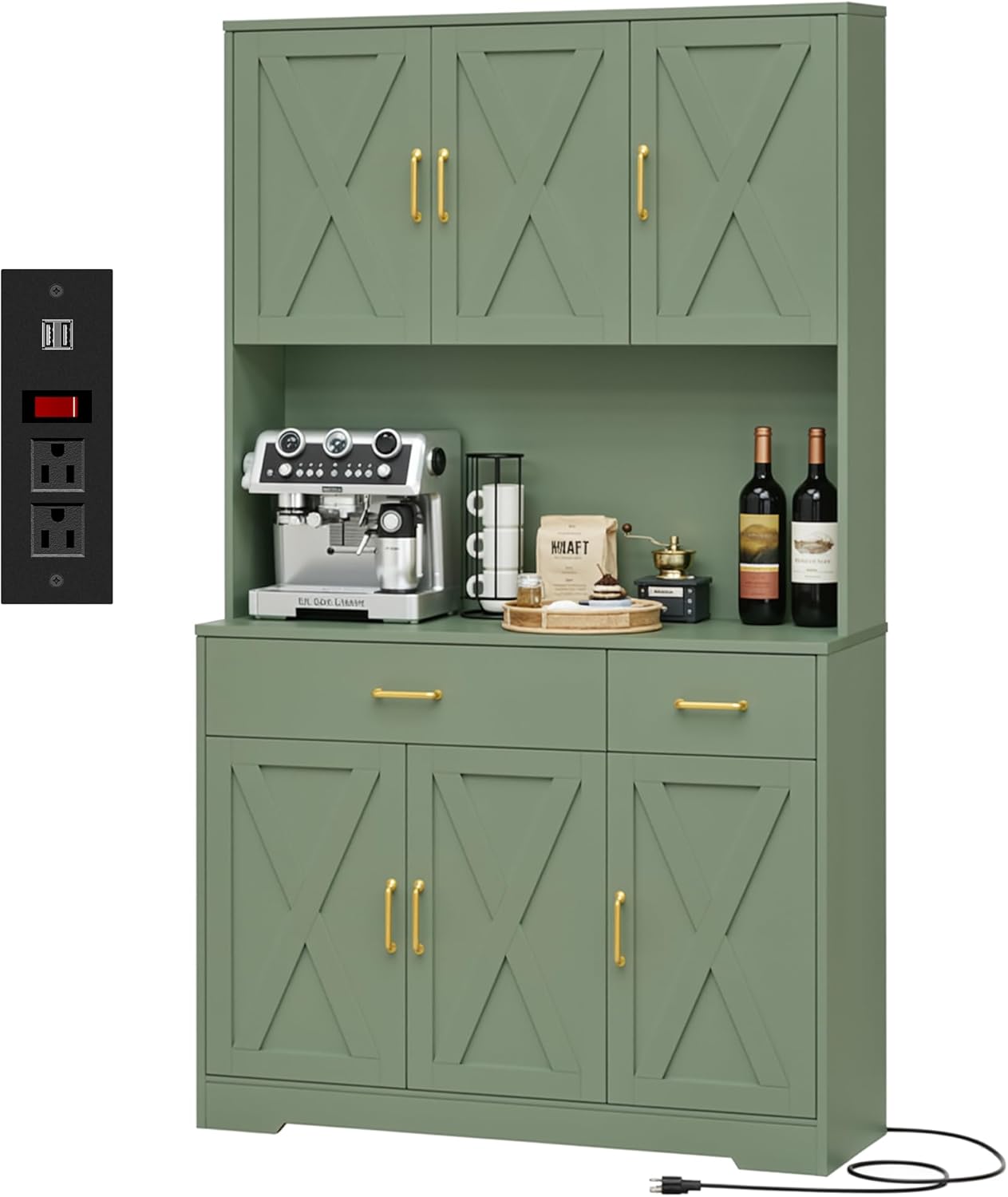 HOSTACK 71" Pantry Cabinet with Charging Station, Tall Kitchen Pantry Storage Cabinet with Microwave Stand, Farmhouse Kitchen Hutch with Storage Drawers for Living Room, Dining Room, White