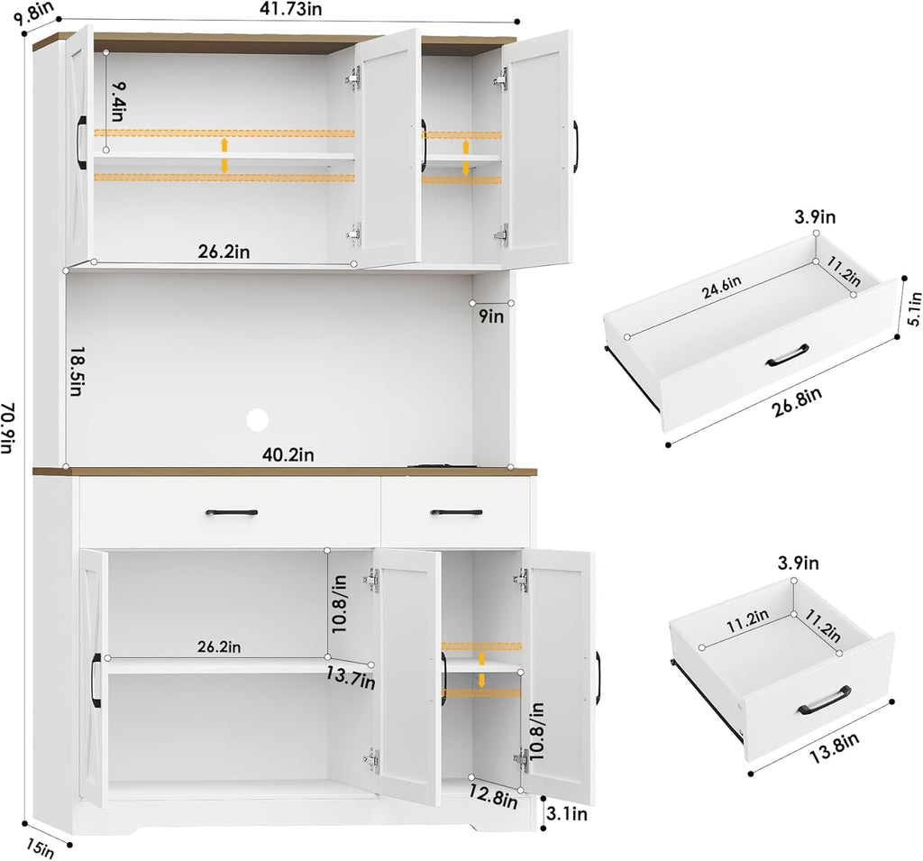 HOSTACK 71" Pantry Cabinet with Charging Station, Tall Kitchen Pantry Storage Cabinet with Microwave Stand, Farmhouse Kitchen Hutch with Storage Drawers for Living Room, Dining Room, White