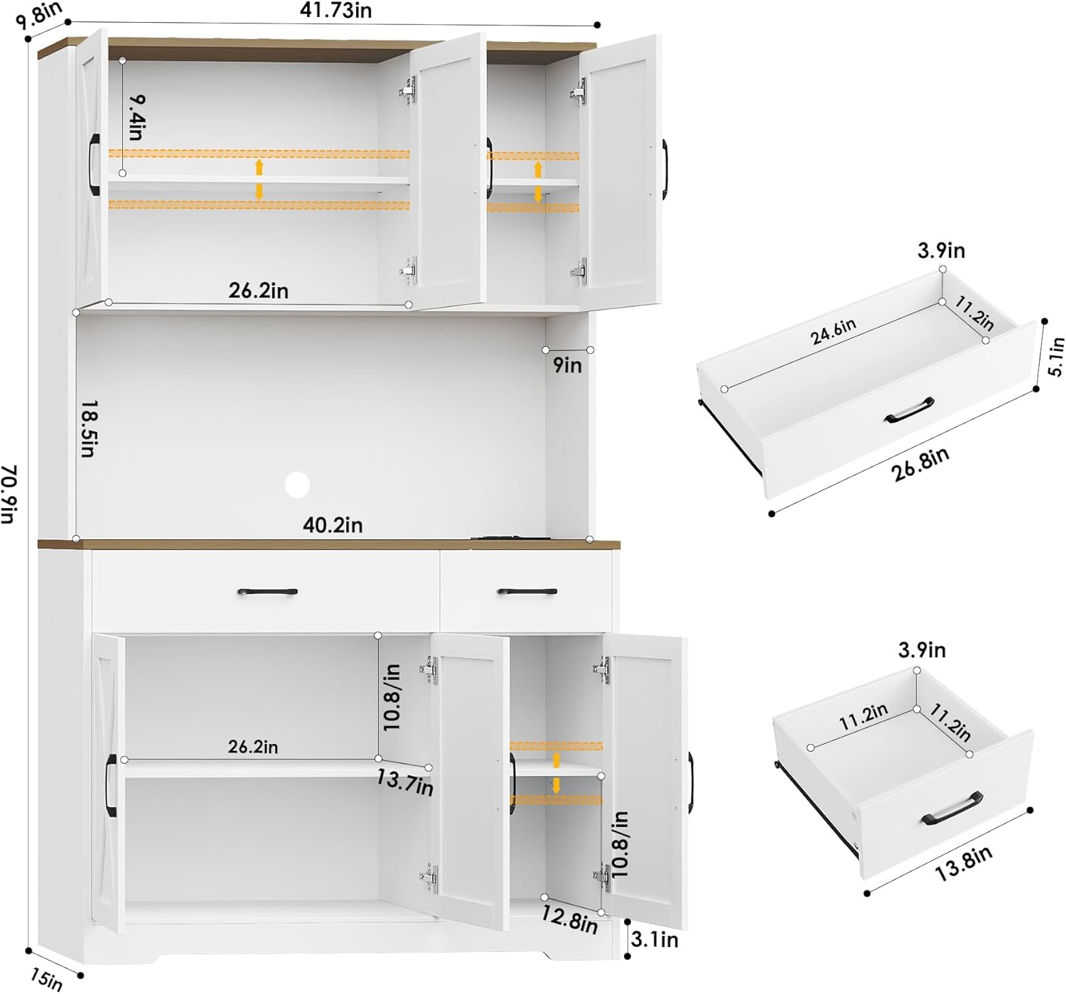 HOSTACK 71" Pantry Cabinet with Charging Station, Tall Kitchen Pantry Storage Cabinet with Microwave Stand, Farmhouse Kitchen Hutch with Storage Drawers for Living Room, Dining Room, White