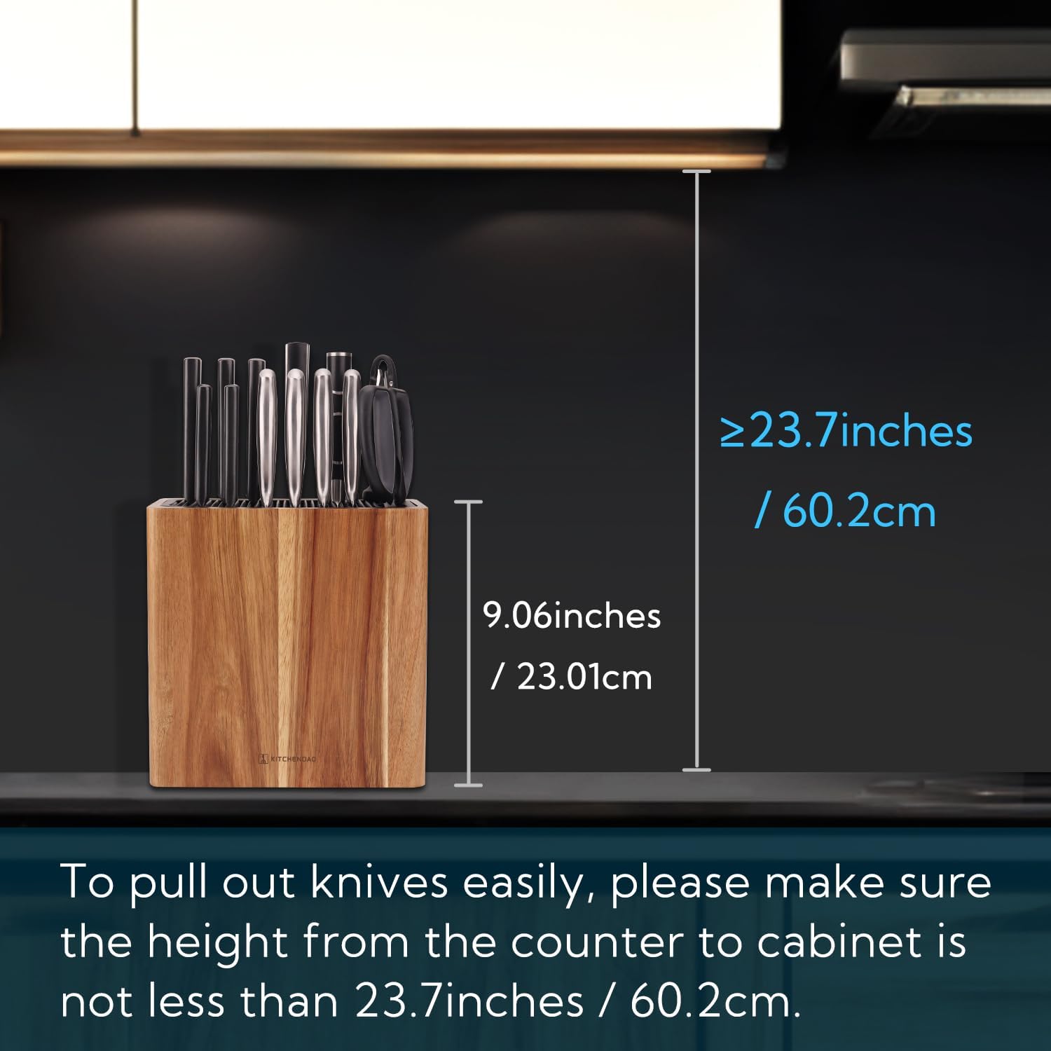 KITCHENDAO XL Acacia Wood Universal Knife Block with Slots for Scissors and Sharpening Rod, Safe, Space Saver Knives Storage Stand Display without Knives, Unique Slot Design to Protect Blade