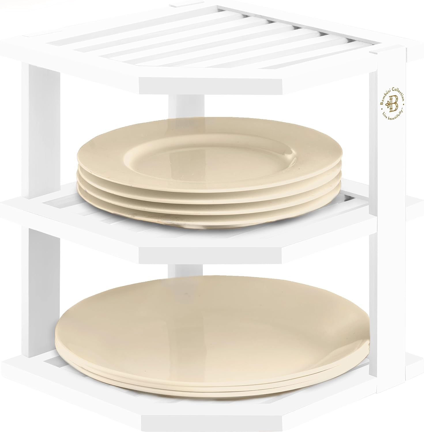 Cabinet Organizer Shelf - Bamboo Corner Rack for Kitchen Counter, Cabinet Space Saver for Plates, Dishes, Bowls, Bread - Pantry and Bathroom Storage or Countertop - Useful Home & Housewarming Gift