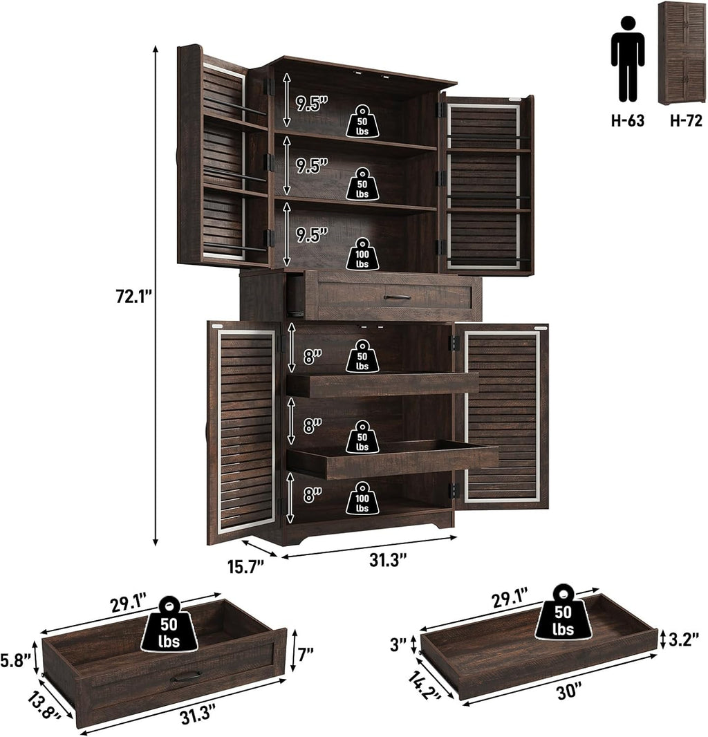 Kitchen Pantry Cabinet with Louver Doors, Farmhouse Pantry with Door Shelves, Kitchen Cabinet with Storage Drawer, Farmhouse Wood Tall Freestanding Cupboard for Dining Room Living Room, Brown