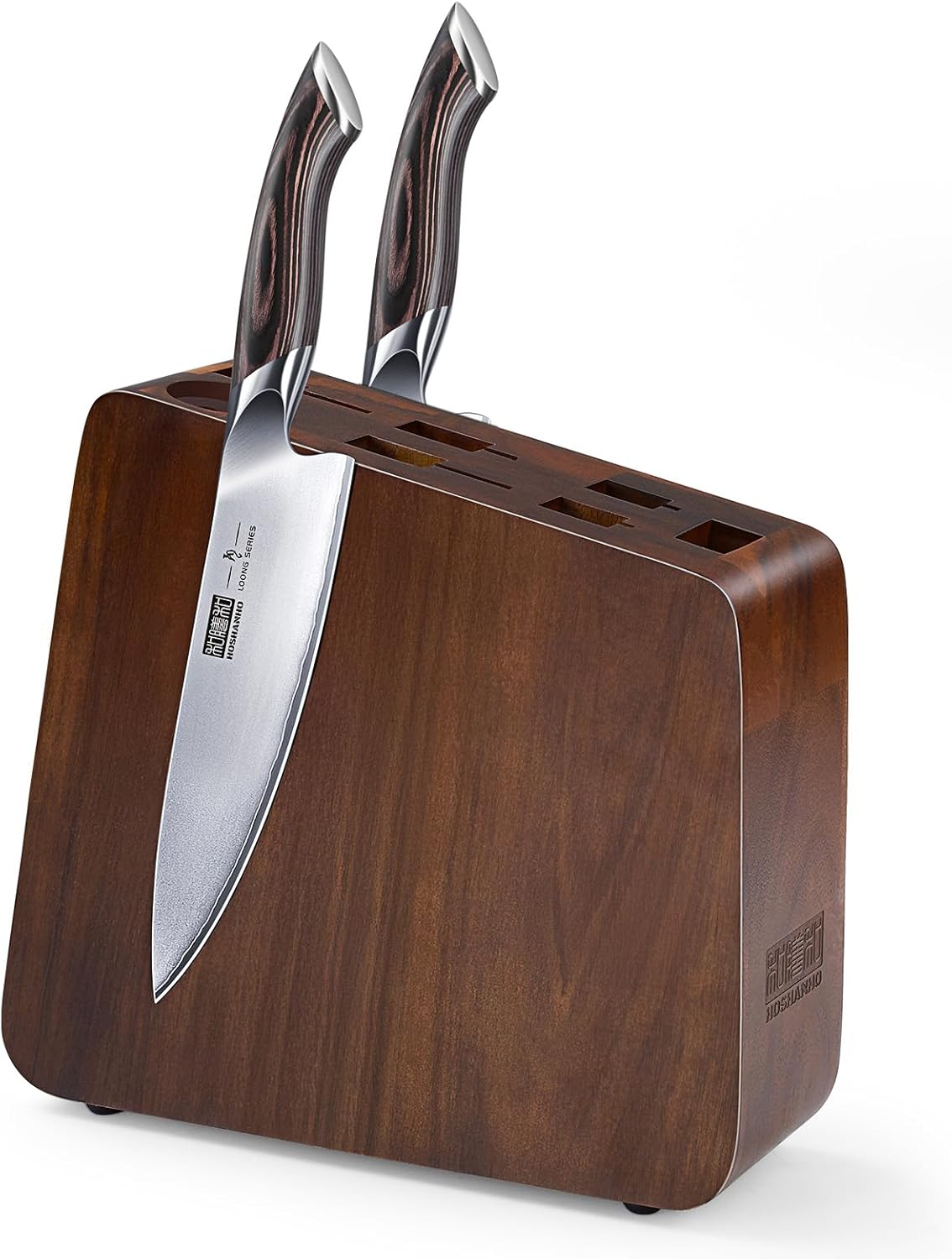 HOSHANHO Magnetic Knife Block 14 x 10 Inches, Double Sided Magnetic Knife Holder Rack for Kitchen Counter, Acacia Wood Magnetic Knife Storage Stand with Knife Sharpener