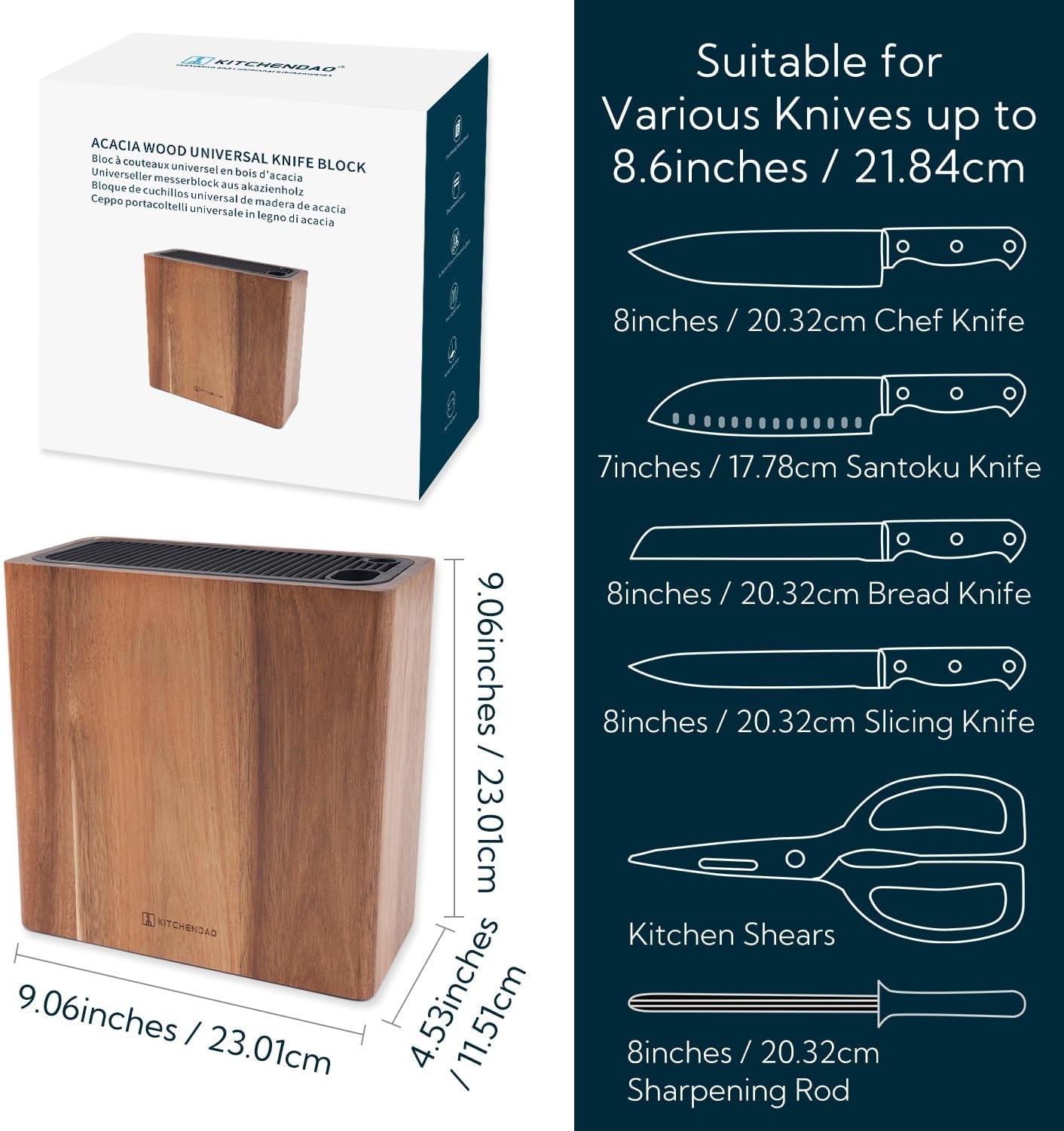 KITCHENDAO XL Acacia Wood Universal Knife Block with Slots for Scissors and Sharpening Rod, Safe, Space Saver Knives Storage Stand Display without Knives, Unique Slot Design to Protect Blade