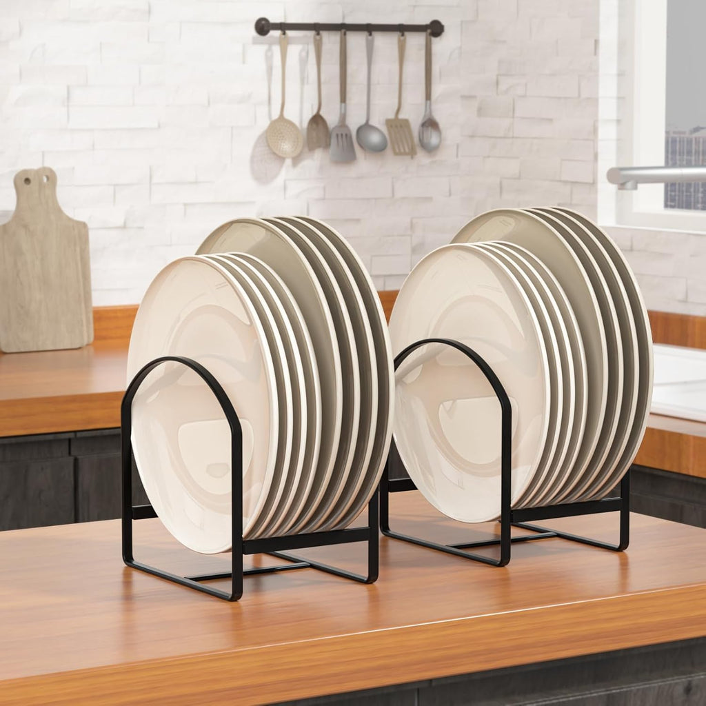 4 Pack Kitchen Plate Holder Organizer for Cabinet Space Saver Dinner Dish Plate Storage Rack Upright Dish Drying Racks Metal Dish Racks Stand for Cupboard and Countertop 2 Large 2 Small Black
