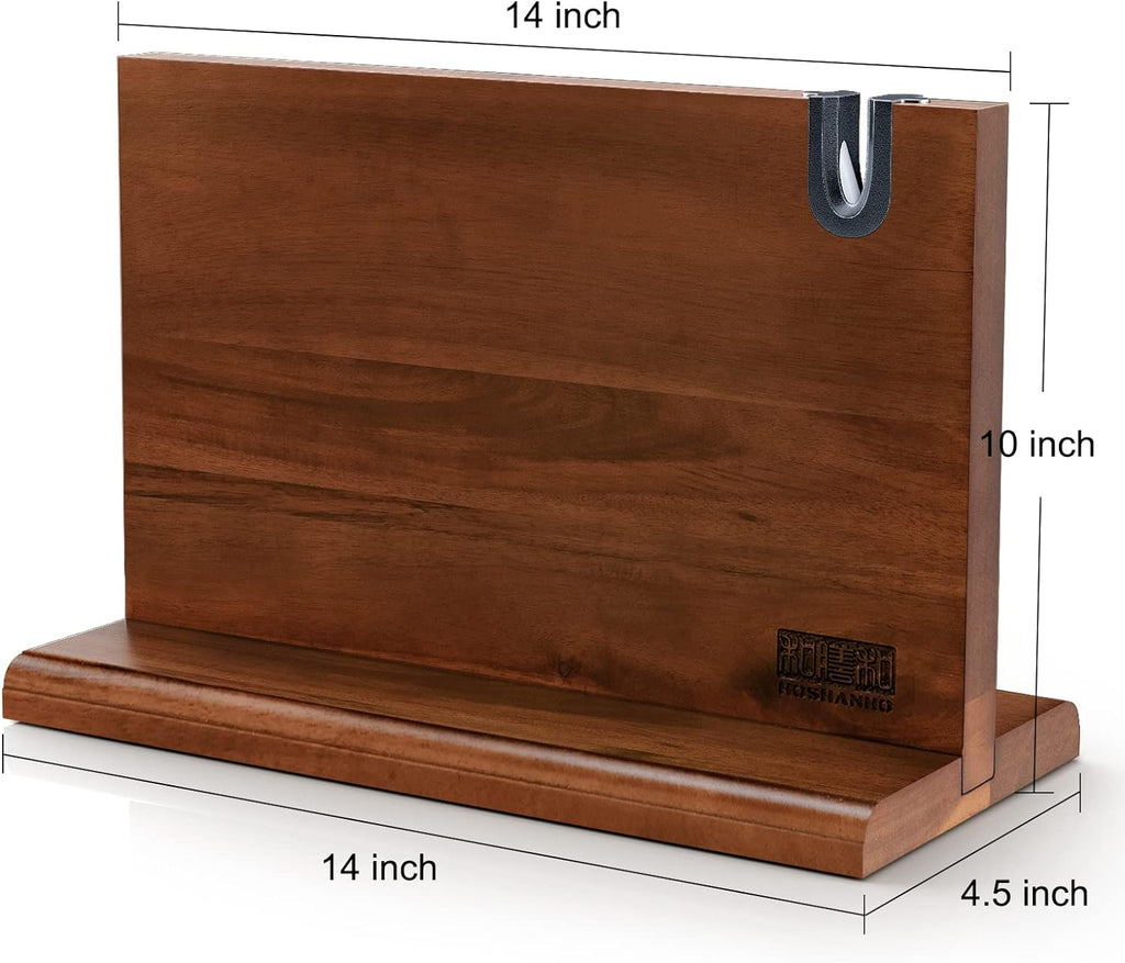HOSHANHO Magnetic Knife Block 14 x 10 Inches, Double Sided Magnetic Knife Holder Rack for Kitchen Counter, Acacia Wood Magnetic Knife Storage Stand with Knife Sharpener