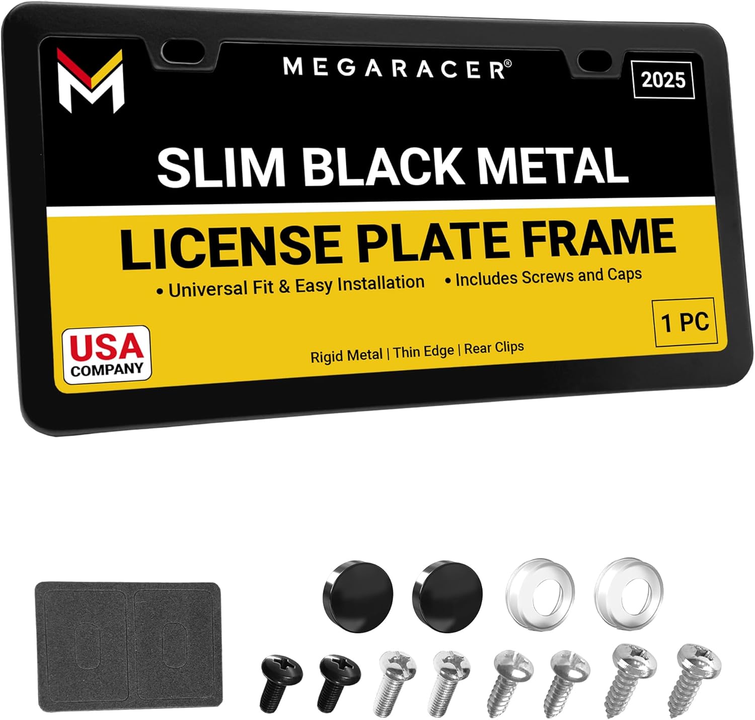 Premium Slim Matte Black License Plate Frames – 2 Pack, Rust-Free Stainless Steel & Rattle-Free, Street Legal, Universal with Screw Caps, Thin Metal Front & Rear Car Tag Holders for Men & Women