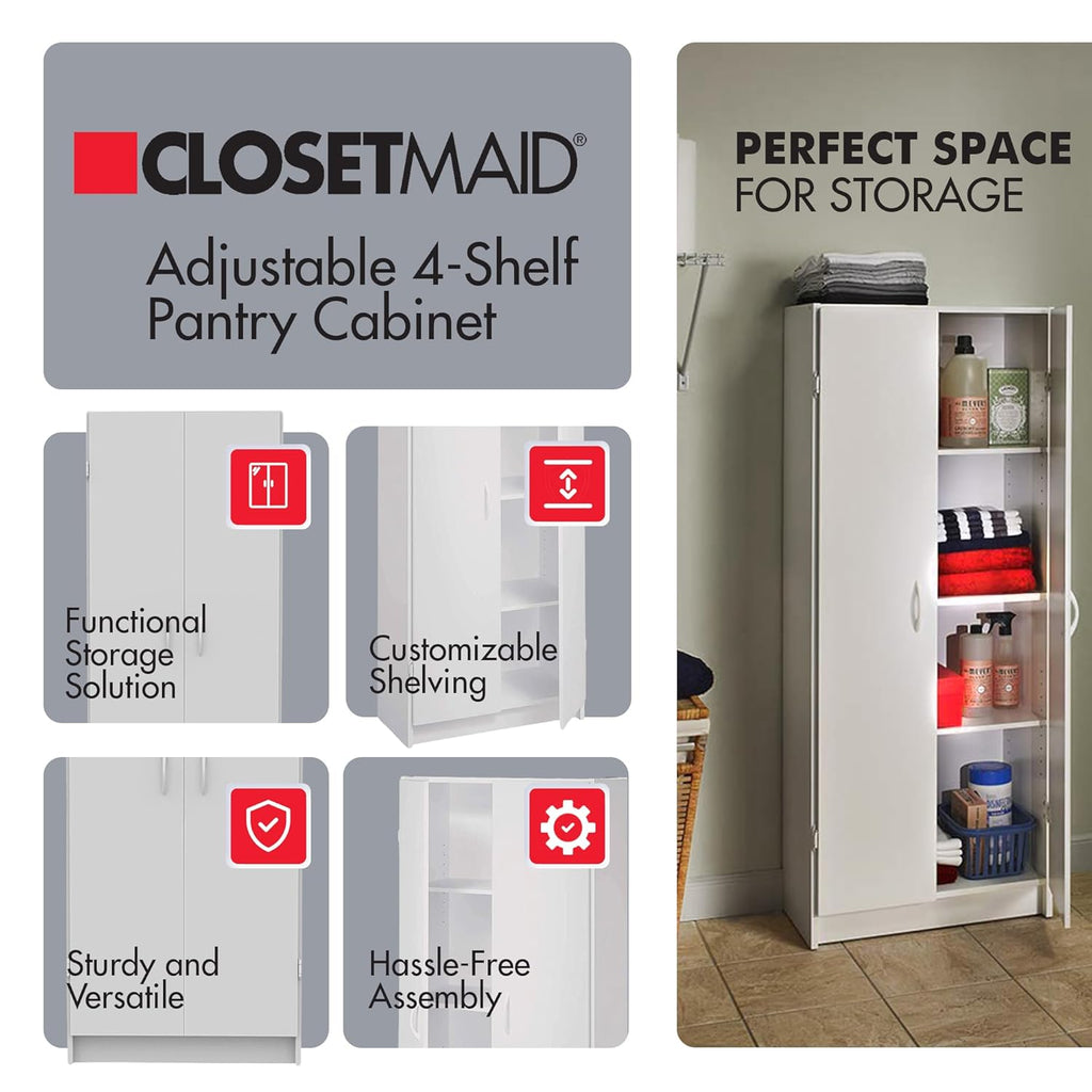 ClosetMaid Pantry Cabinet Cupboard with 2 Doors, Adjustable Shelves, Standing, Storage for Kitchen, Laundry or Utility Room, White