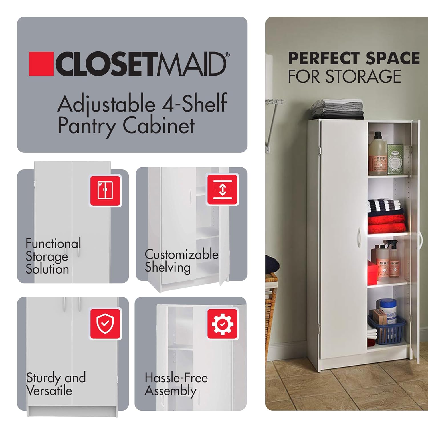 ClosetMaid Pantry Cabinet Cupboard with 2 Doors, Adjustable Shelves, Standing, Storage for Kitchen, Laundry or Utility Room, White