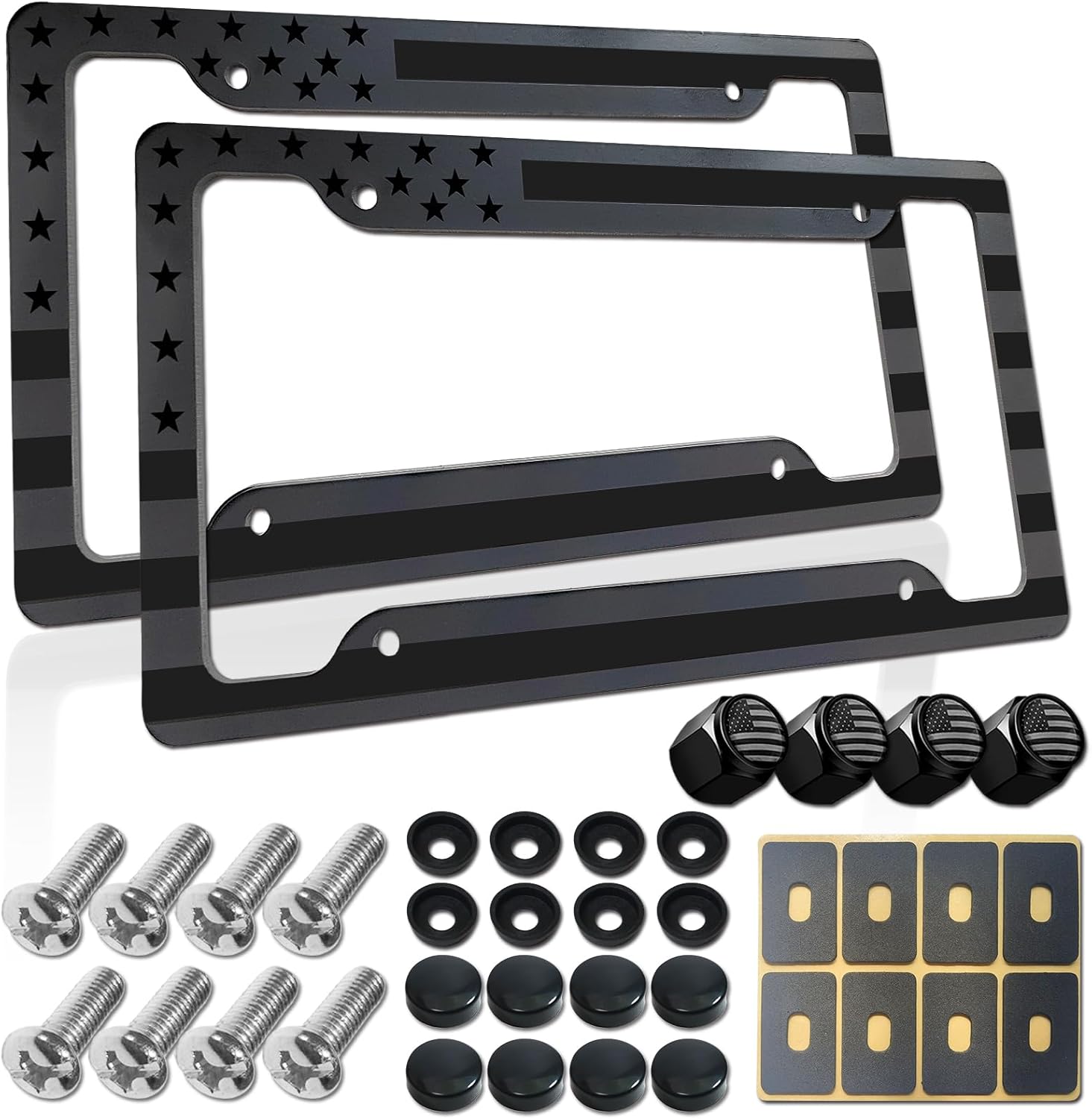 BGGTMO Black American Flag License Plate Frames- 2 Pack Front Rear Patriotic USA Stars and Stripes Aluminum Car Tag Holder with Screws