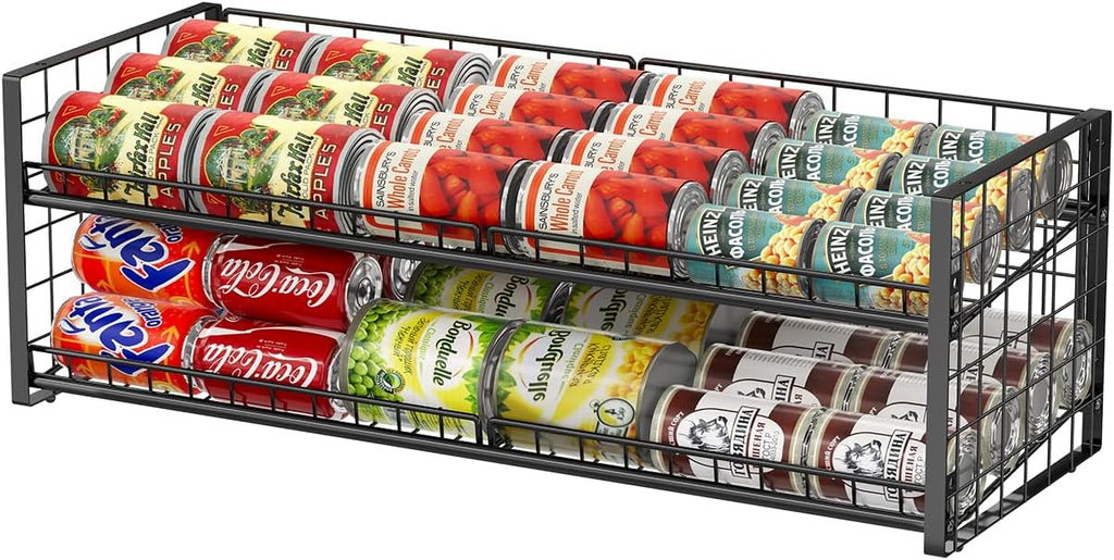 2-Pack Stackable Can Organizer for Pantry Shelf, Adjustable Extra-Long Rolling Can Rack for Kitchen Cupboard Storage, Sturdy Standing Can Holder for Canned Food Goods Soda up to 128, 2 Tier, Black