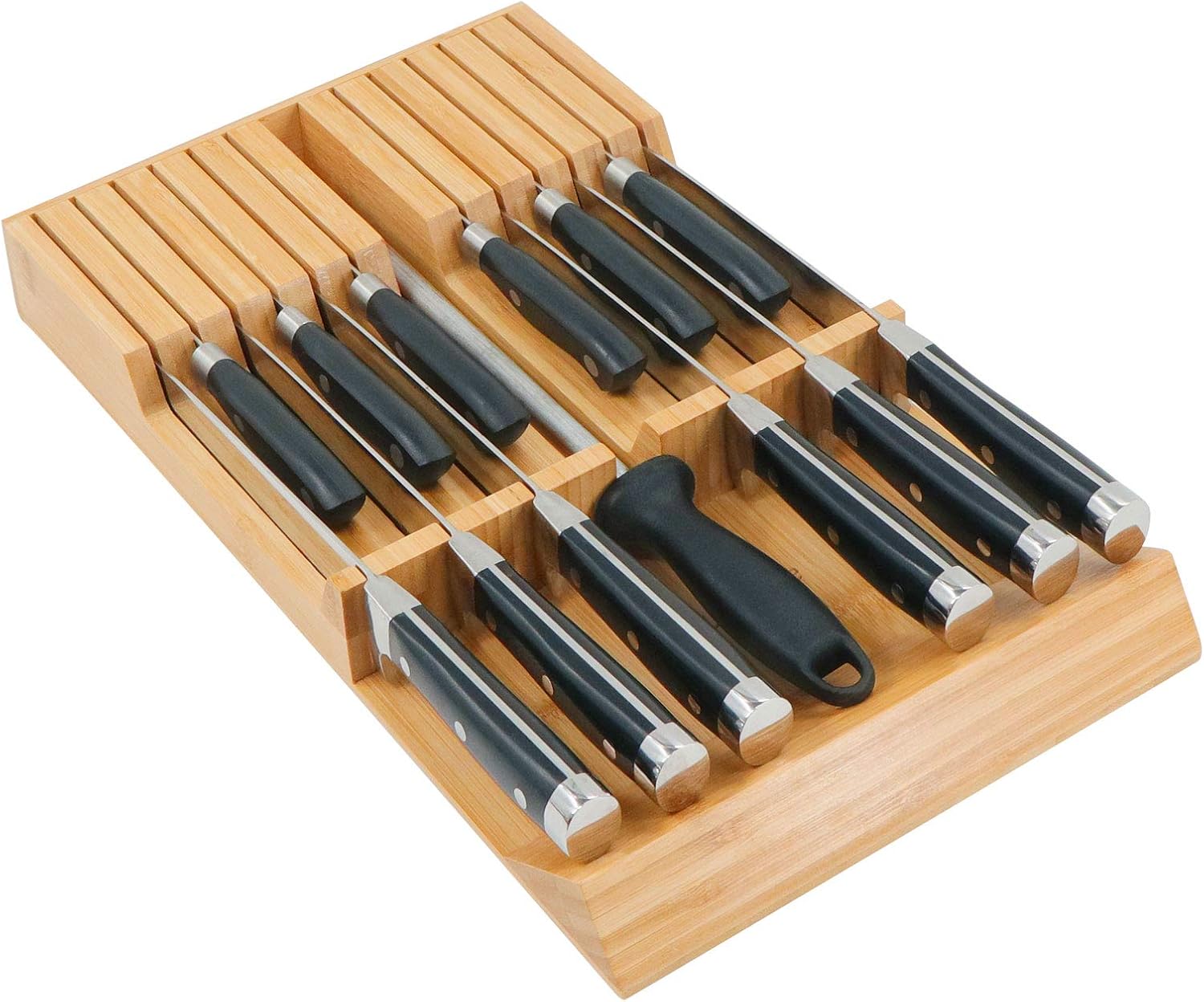 Utoplike In-drawer Knife Block Bamboo Kitchen Knife Drawer Organizer Large, Handle Steak knife Holder without Knives, Fit for 16 Knives and 1 Sharpening Steel (Knives & Sharpening Not Included)