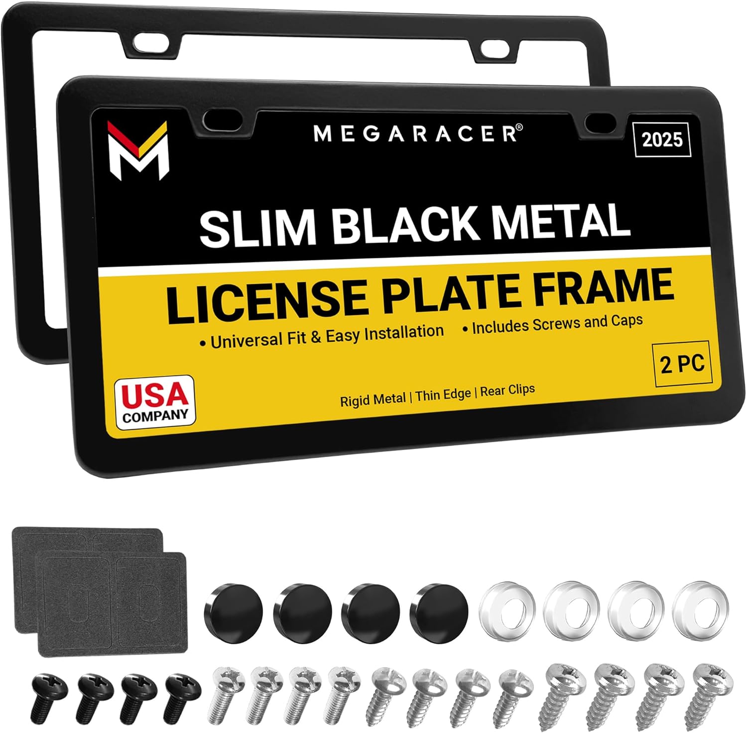 Premium Slim Matte Black License Plate Frames – 2 Pack, Rust-Free Stainless Steel & Rattle-Free, Street Legal, Universal with Screw Caps, Thin Metal Front & Rear Car Tag Holders for Men & Women