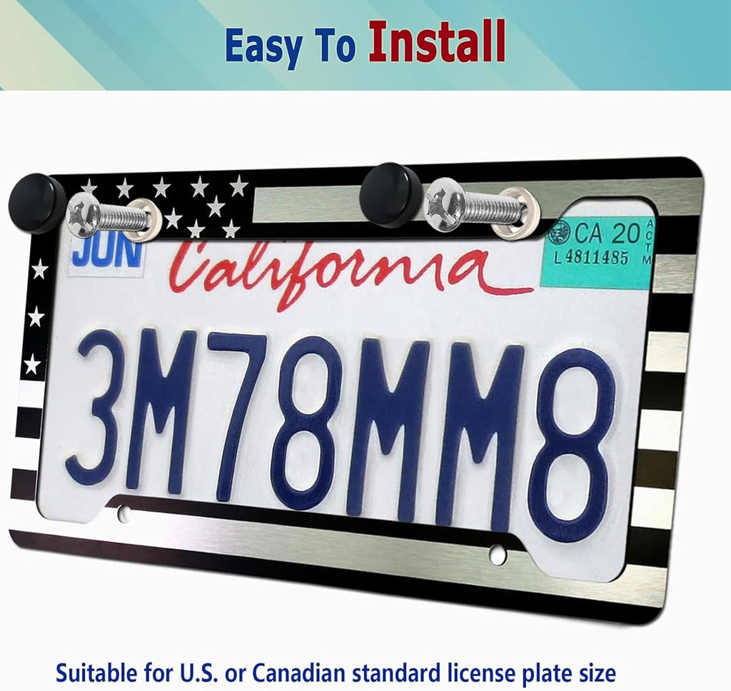 BGGTMO Black American Flag License Plate Frames- 2 Pack Front Rear Patriotic USA Stars and Stripes Aluminum Car Tag Holder with Screws