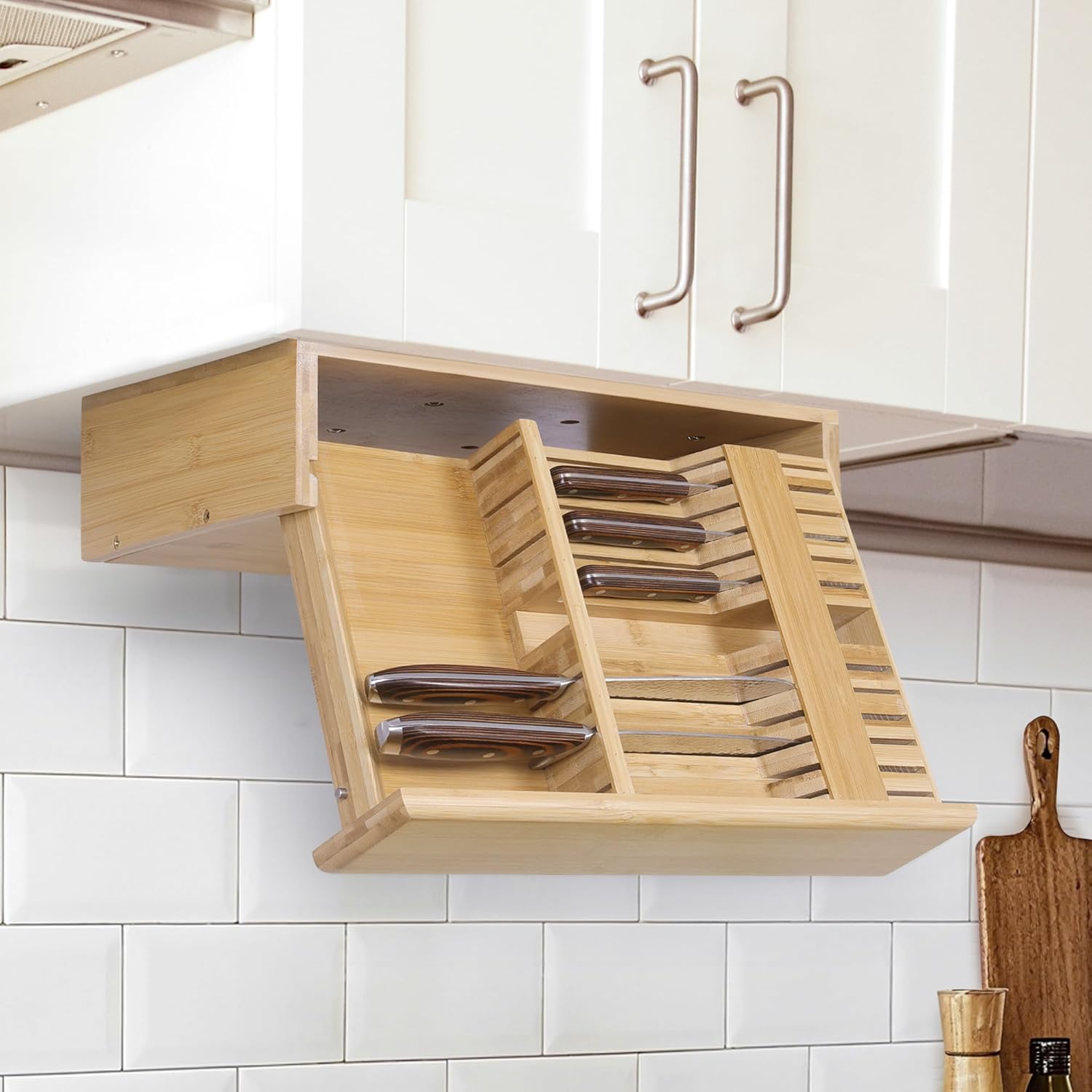 HOMBYS Bamboo Pull-Down Under Cabinet Knife Storage, Hardwood Kitchen Box Holds 12 Knife Slots + 1 Sharpener Holder, Hidden Kitchen Block for Space Saving