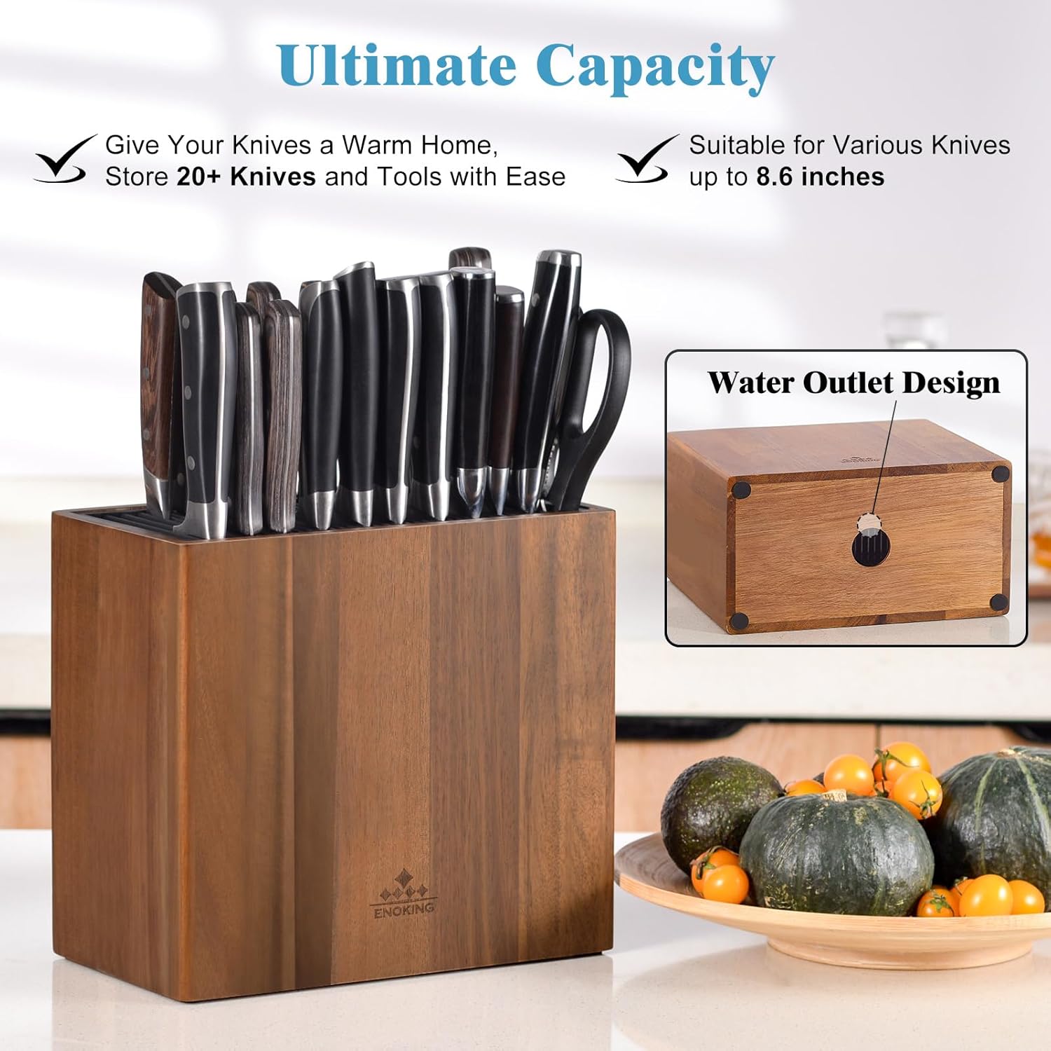 ENOKING XXL Acacia Wood Knife Holder – Large Universal Knife Block with Blade-Protecting Slots, Holds 26+ Knives, Scissors, and Sharpening Rods, Space-Saving Kitchen Storage Organizer