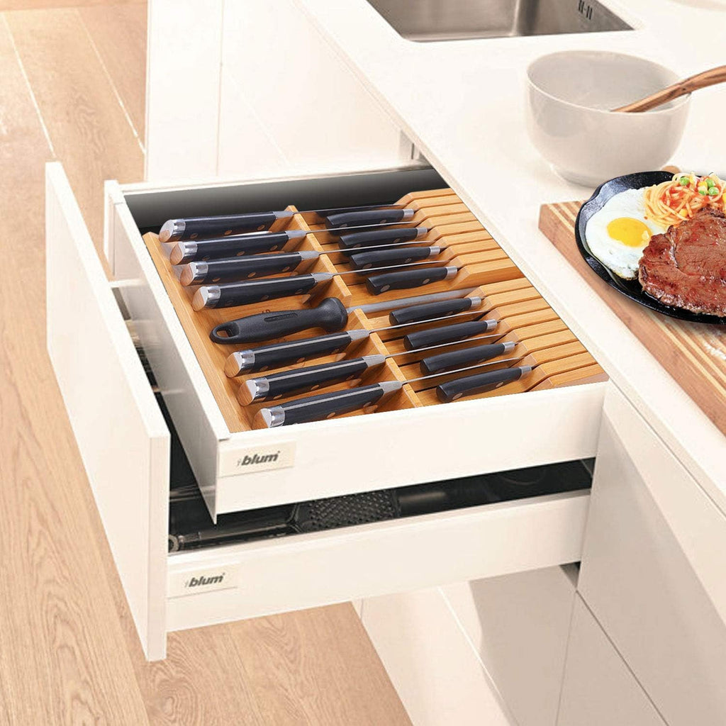 Utoplike In-drawer Knife Block Bamboo Kitchen Knife Drawer Organizer Large, Handle Steak knife Holder without Knives, Fit for 16 Knives and 1 Sharpening Steel (Knives & Sharpening Not Included)