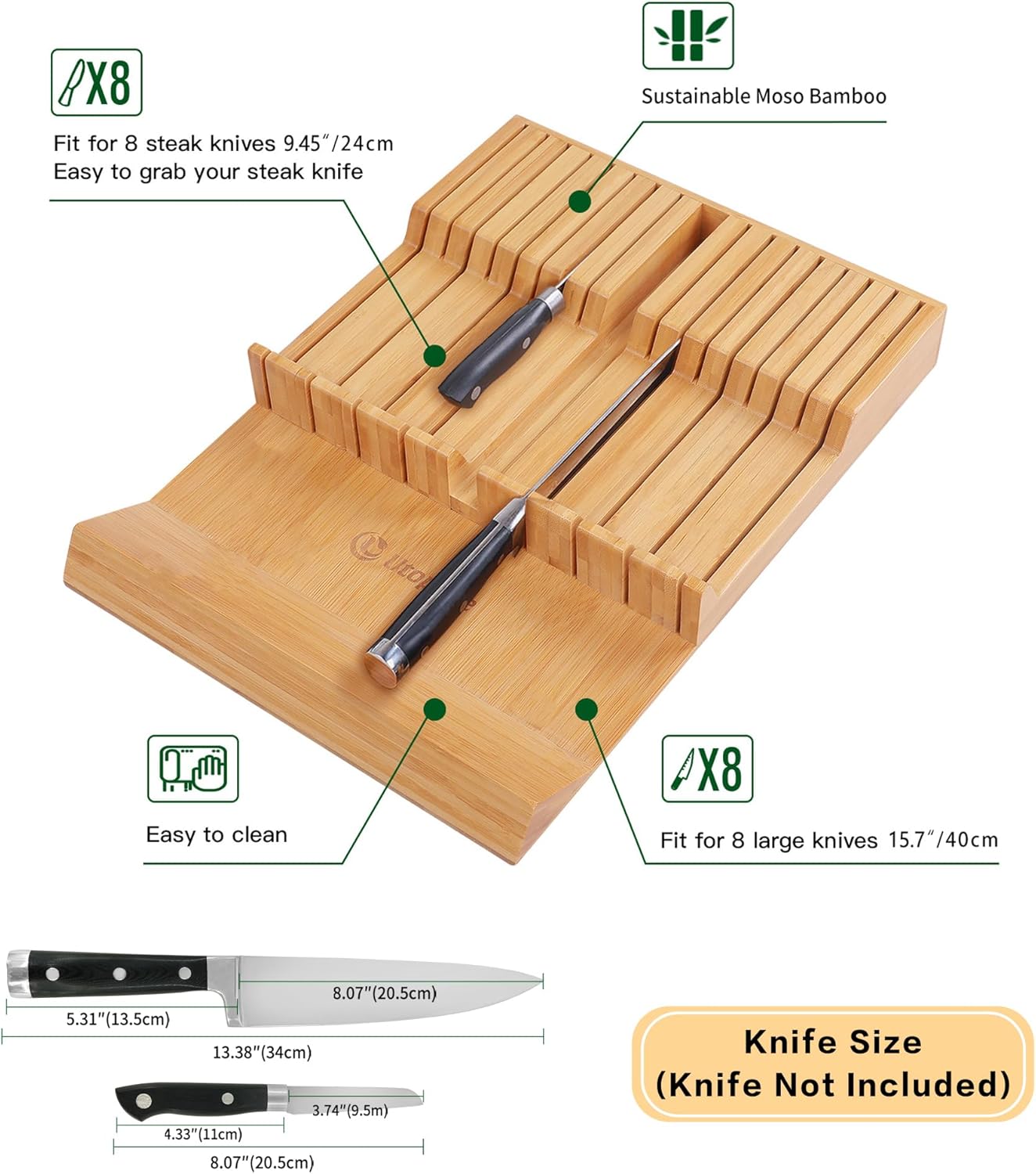 Utoplike In-drawer Knife Block Bamboo Kitchen Knife Drawer Organizer Large, Handle Steak knife Holder without Knives, Fit for 16 Knives and 1 Sharpening Steel (Knives & Sharpening Not Included)