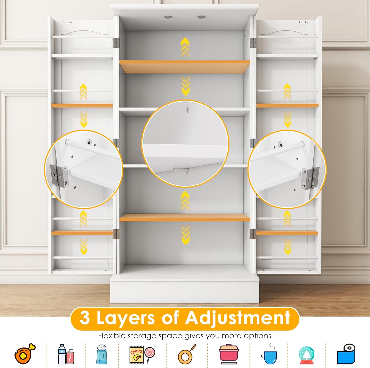 47” Pantry Cabinet, Kitchen Pantry Storage Cabinet with Doors and Adjustable Shelves,Freestanding Buffet Cupboards Sideboard for Living Room and Dinning Room (White)