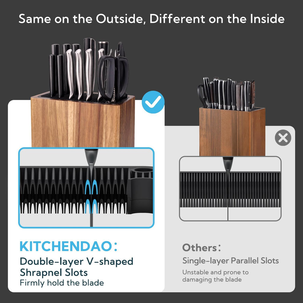 KITCHENDAO XL Acacia Wood Universal Knife Block with Slots for Scissors and Sharpening Rod, Safe, Space Saver Knives Storage Stand Display without Knives, Unique Slot Design to Protect Blade