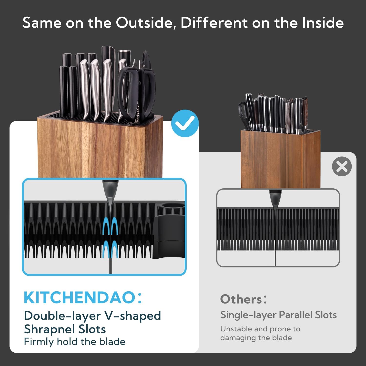 KITCHENDAO XL Acacia Wood Universal Knife Block with Slots for Scissors and Sharpening Rod, Safe, Space Saver Knives Storage Stand Display without Knives, Unique Slot Design to Protect Blade