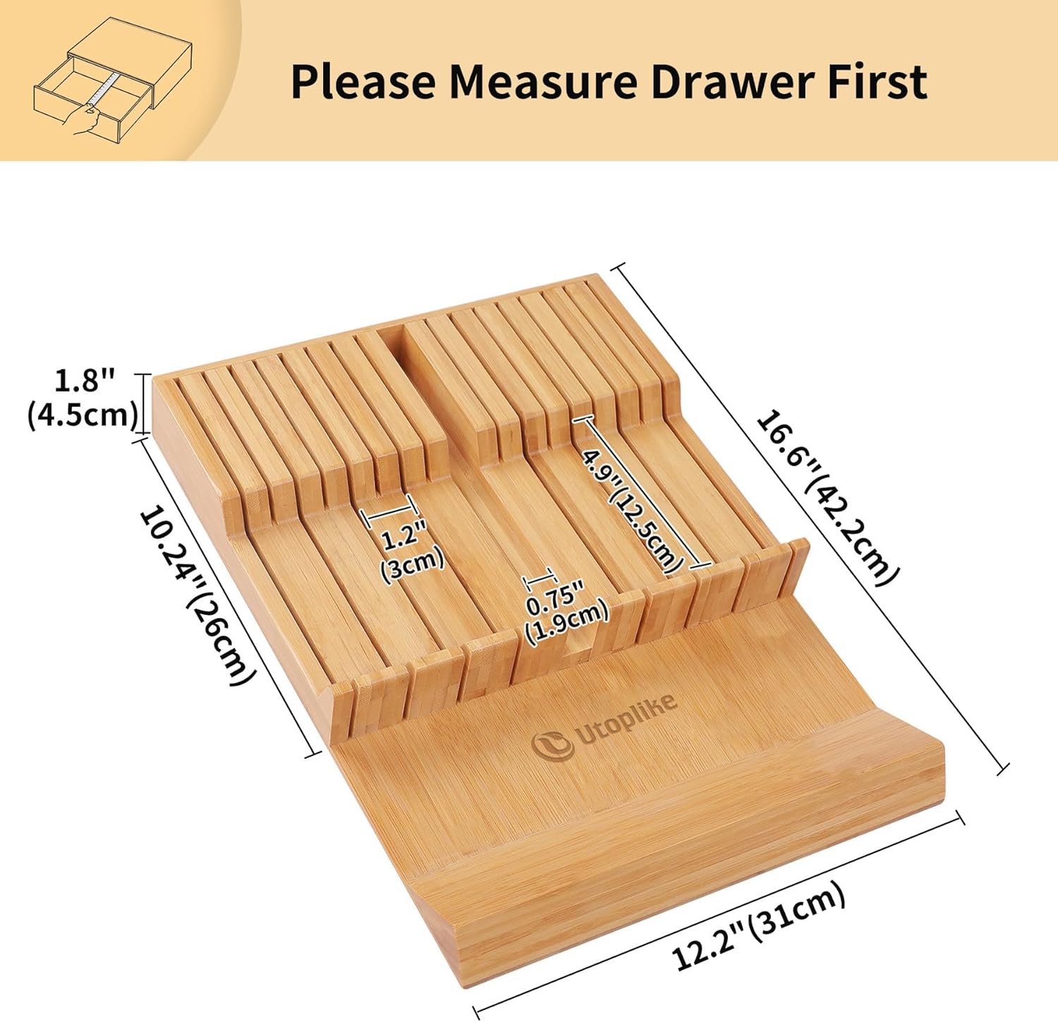 Utoplike In-drawer Knife Block Bamboo Kitchen Knife Drawer Organizer Large, Handle Steak knife Holder without Knives, Fit for 16 Knives and 1 Sharpening Steel (Knives & Sharpening Not Included)