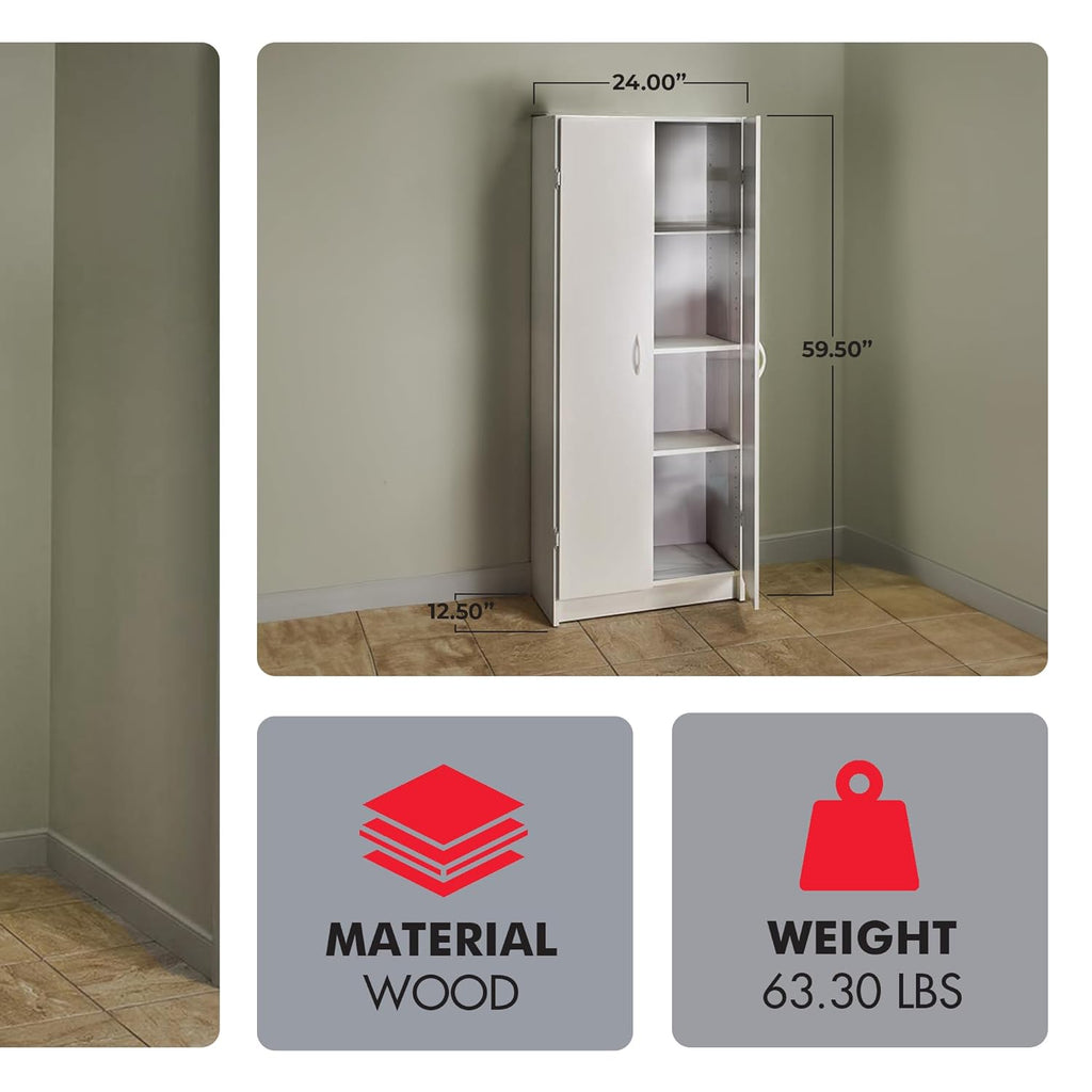 ClosetMaid Pantry Cabinet Cupboard with 2 Doors, Adjustable Shelves, Standing, Storage for Kitchen, Laundry or Utility Room, White