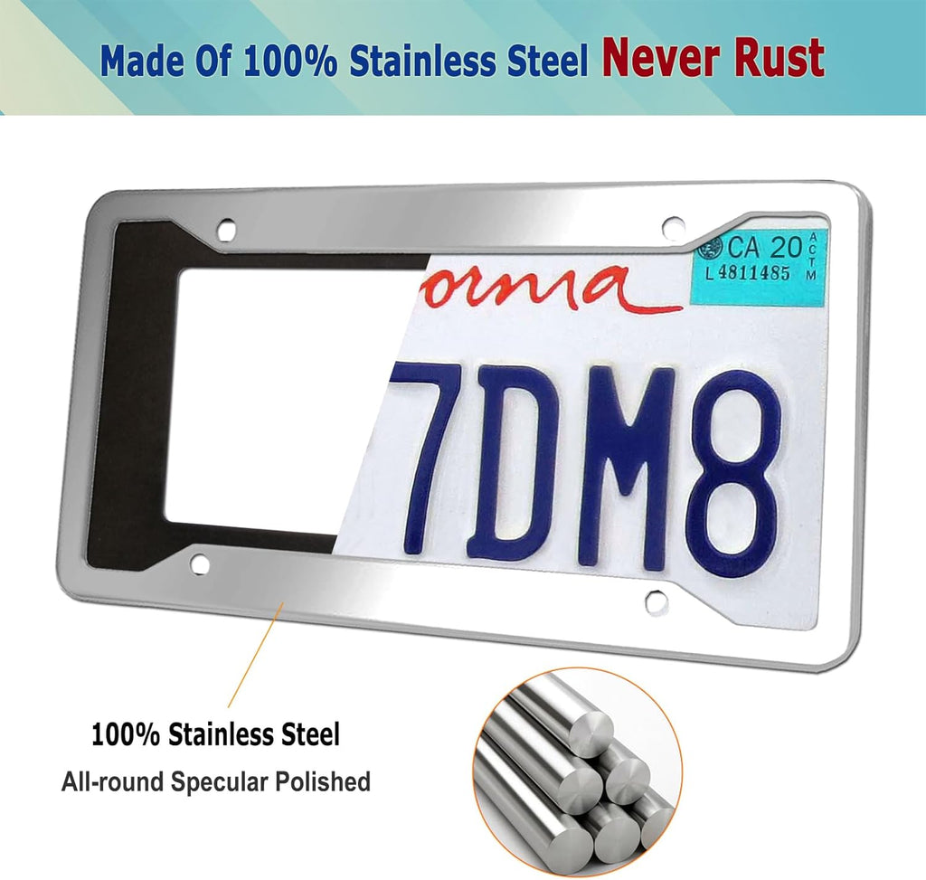 Stainless Steel License Plate Frames- 2 Pack Mirror Polished Car Plate Holder, with Screws, Chrome Caps, Heavy Duty Rustproof Metal Front Rear Car Tag Frame