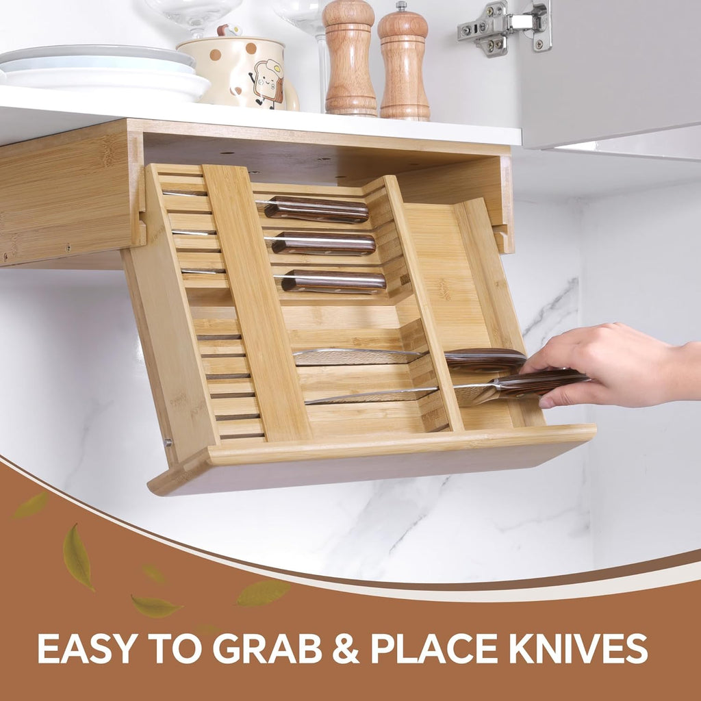 HOMBYS Bamboo Pull-Down Under Cabinet Knife Storage, Hardwood Kitchen Box Holds 12 Knife Slots + 1 Sharpener Holder, Hidden Kitchen Block for Space Saving