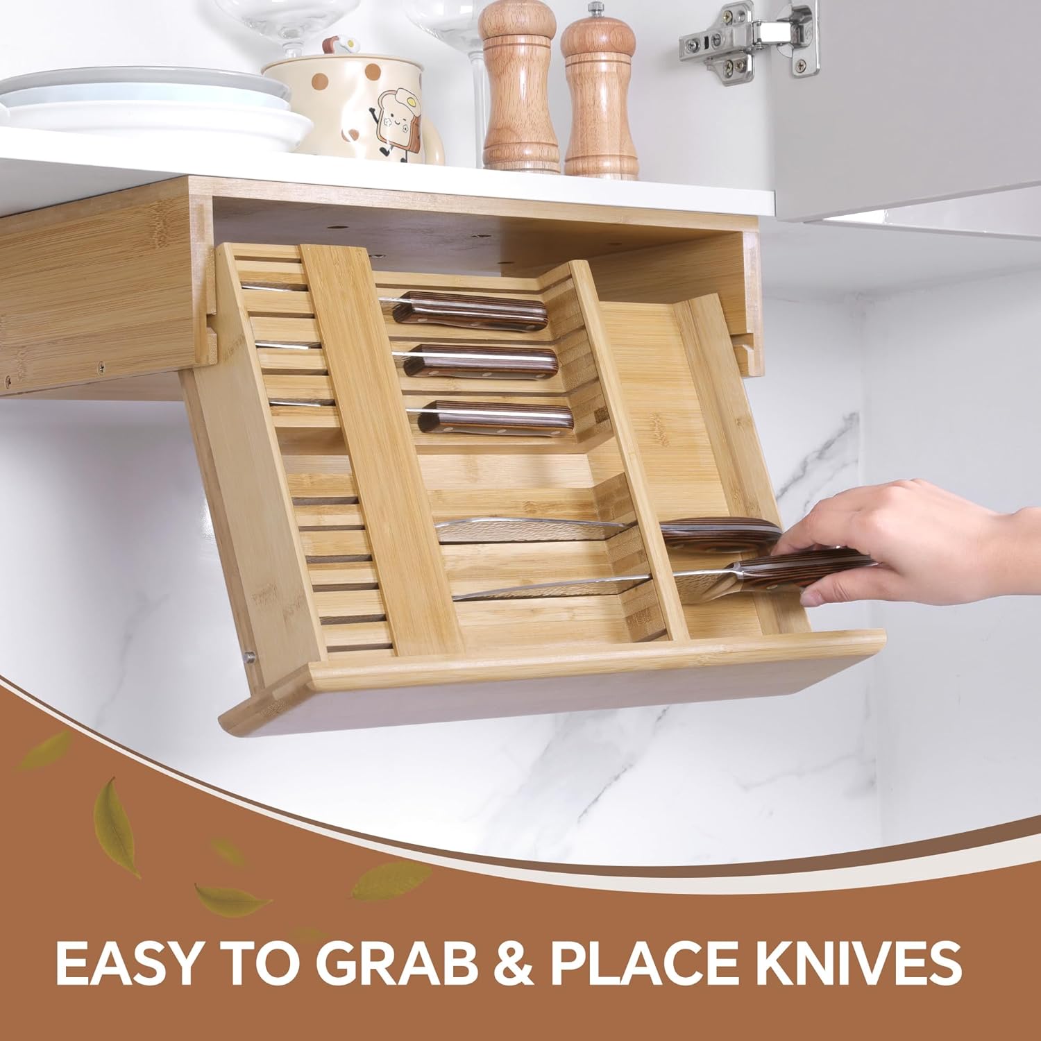 HOMBYS Bamboo Pull-Down Under Cabinet Knife Storage, Hardwood Kitchen Box Holds 12 Knife Slots + 1 Sharpener Holder, Hidden Kitchen Block for Space Saving