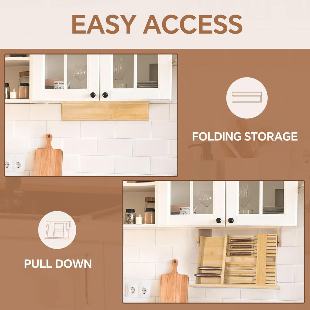HOMBYS Bamboo Pull-Down Under Cabinet Knife Storage, Hardwood Kitchen Box Holds 12 Knife Slots + 1 Sharpener Holder, Hidden Kitchen Block for Space Saving
