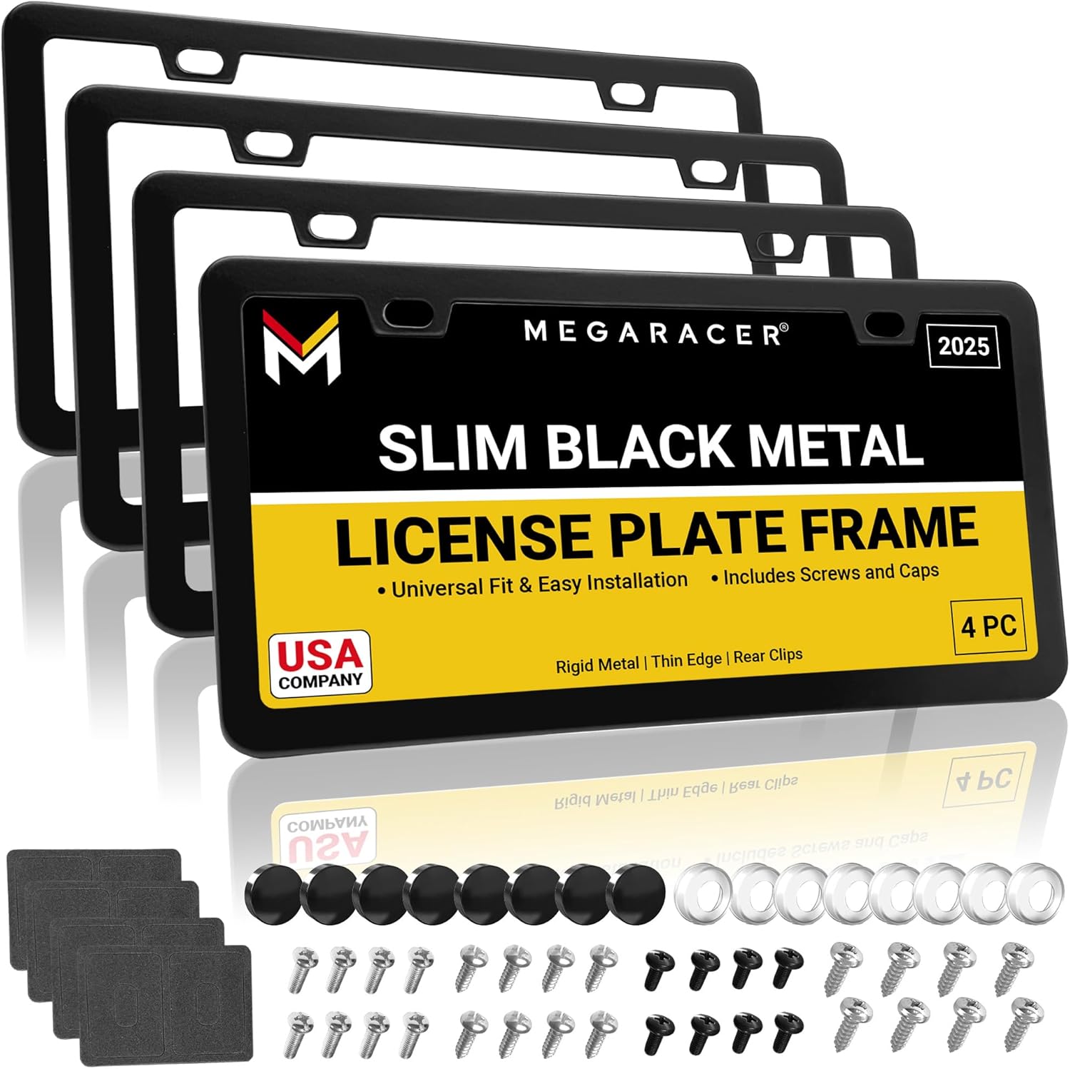 Premium Slim Matte Black License Plate Frames – 2 Pack, Rust-Free Stainless Steel & Rattle-Free, Street Legal, Universal with Screw Caps, Thin Metal Front & Rear Car Tag Holders for Men & Women