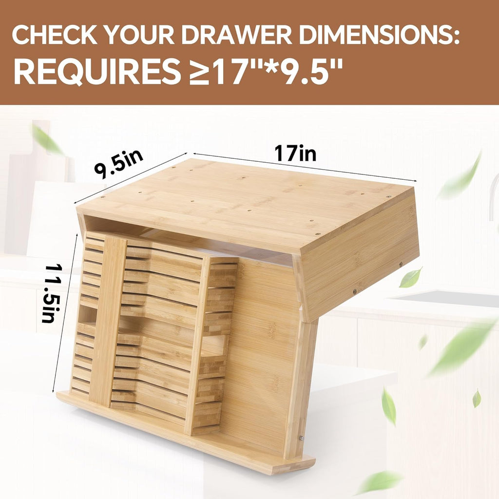 HOMBYS Bamboo Pull-Down Under Cabinet Knife Storage, Hardwood Kitchen Box Holds 12 Knife Slots + 1 Sharpener Holder, Hidden Kitchen Block for Space Saving