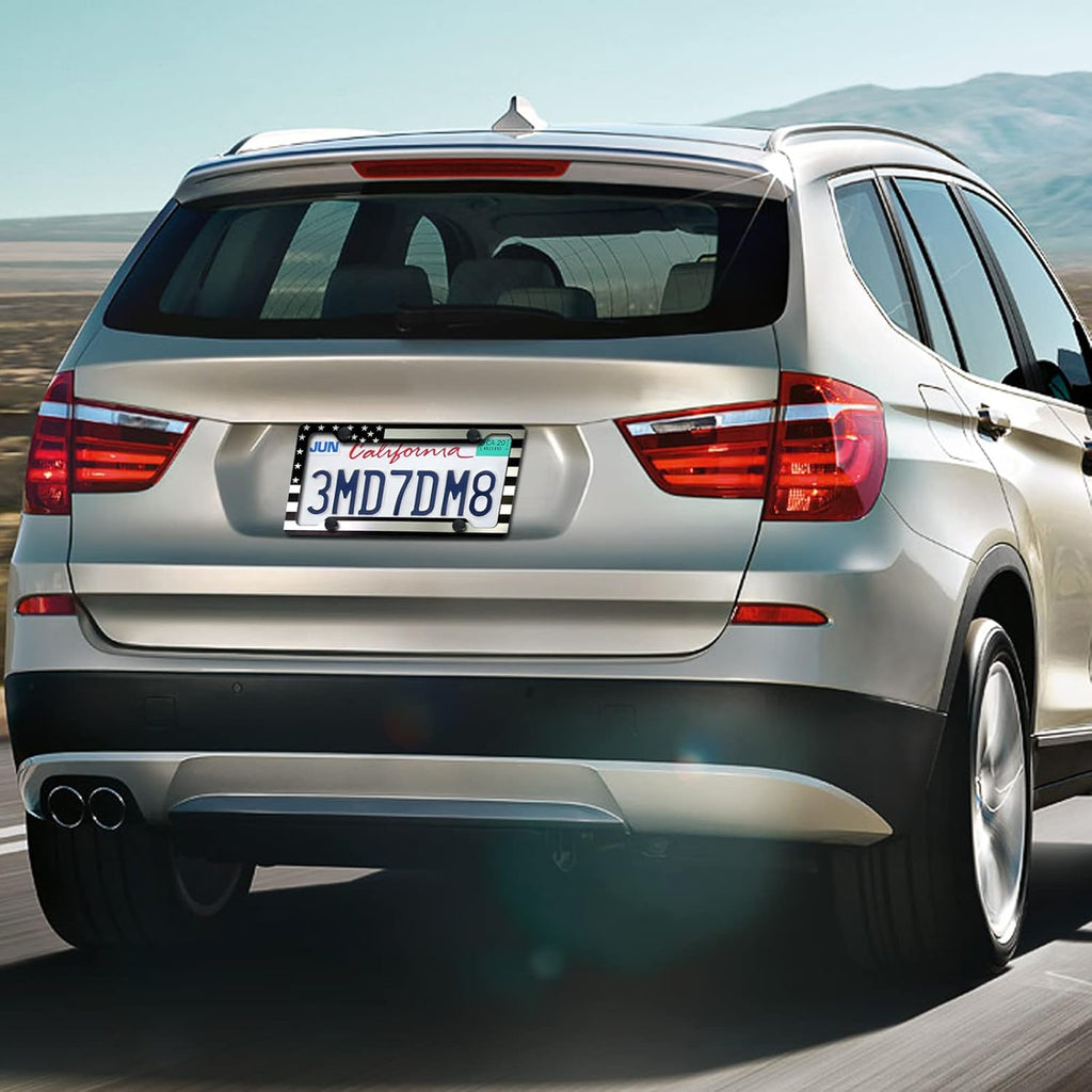 BGGTMO Black American Flag License Plate Frames- 2 Pack Front Rear Patriotic USA Stars and Stripes Aluminum Car Tag Holder with Screws