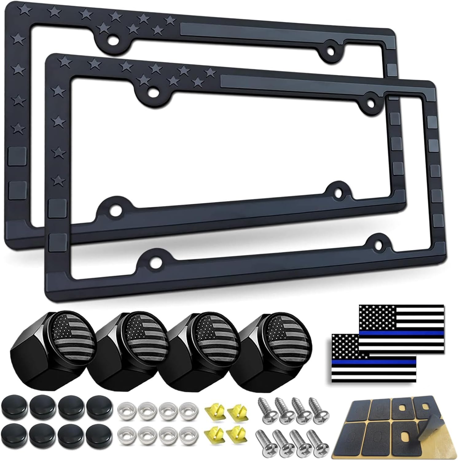 BGGTMO Black American Flag License Plate Frames- 2 Pack Front Rear Patriotic USA Stars and Stripes Aluminum Car Tag Holder with Screws