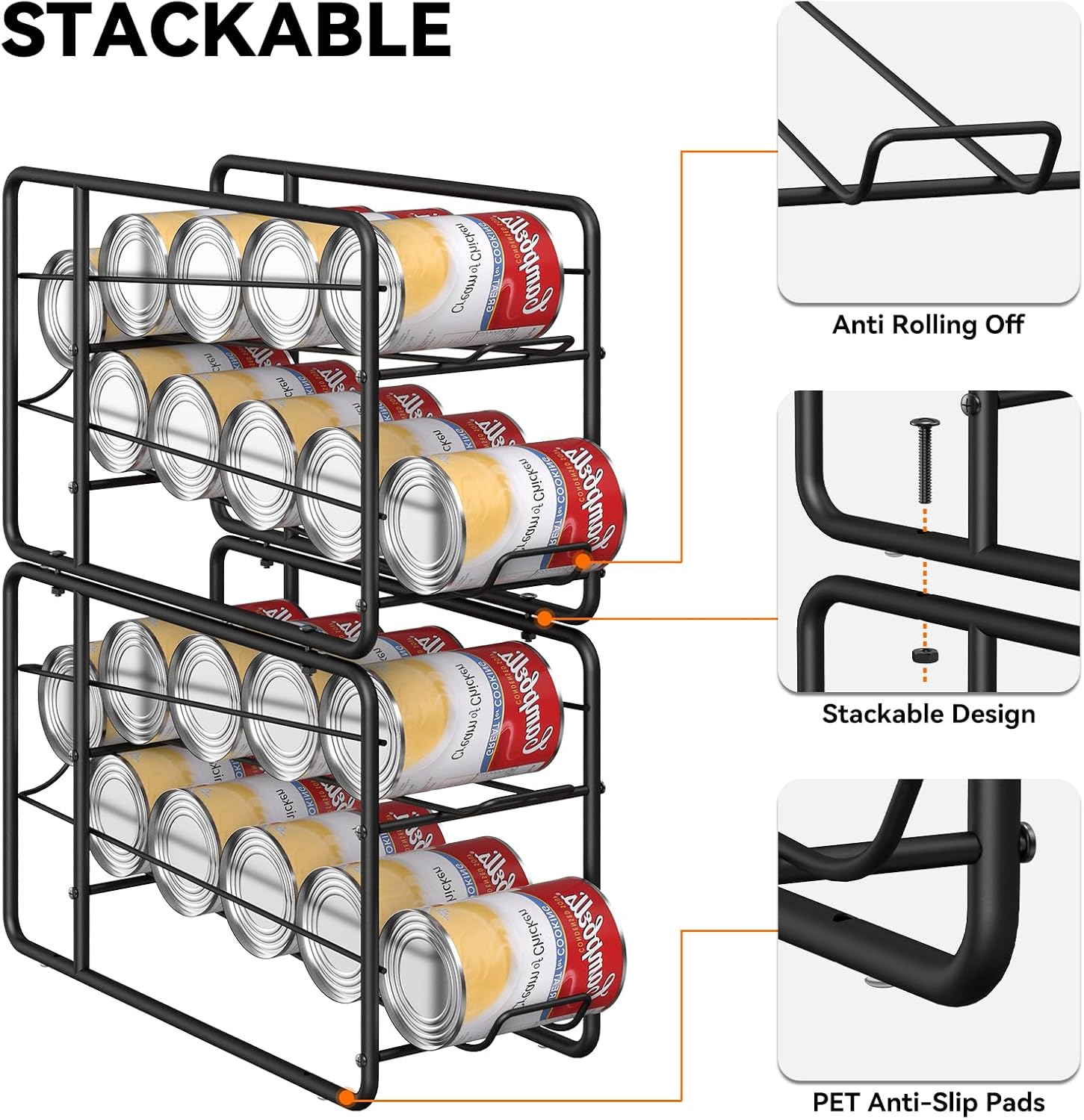 MOOACE 4 Pack Can Dispenser Rack, Stackable Can Storage Organizer Holder for Canned Food Kitchen Cabinet Pantry Countertop, Black