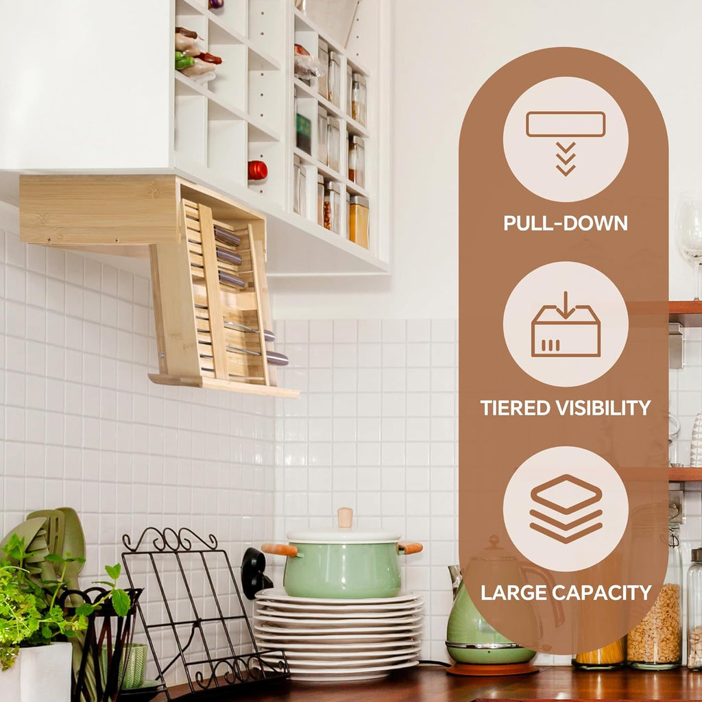 HOMBYS Bamboo Pull-Down Under Cabinet Knife Storage, Hardwood Kitchen Box Holds 12 Knife Slots + 1 Sharpener Holder, Hidden Kitchen Block for Space Saving