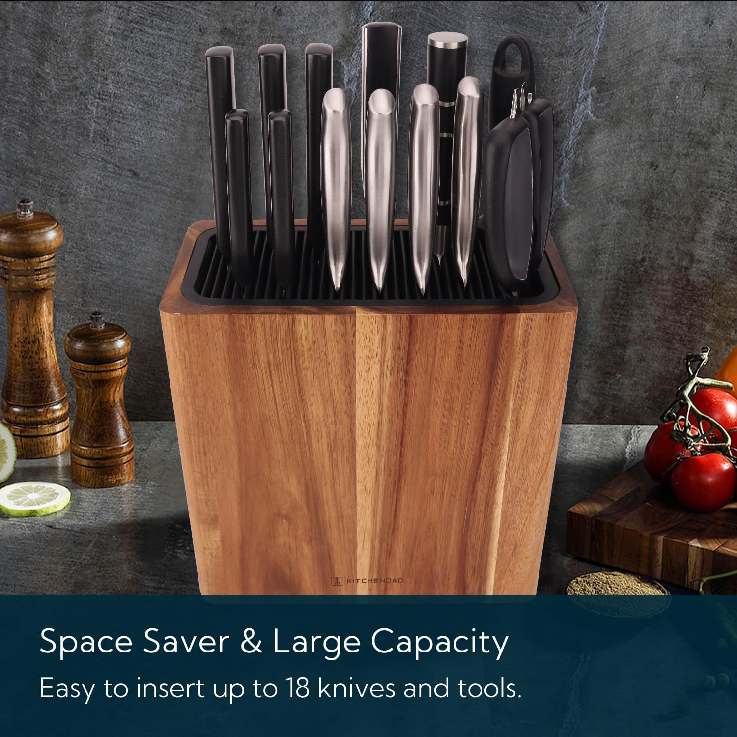 KITCHENDAO XL Acacia Wood Universal Knife Block with Slots for Scissors and Sharpening Rod, Safe, Space Saver Knives Storage Stand Display without Knives, Unique Slot Design to Protect Blade