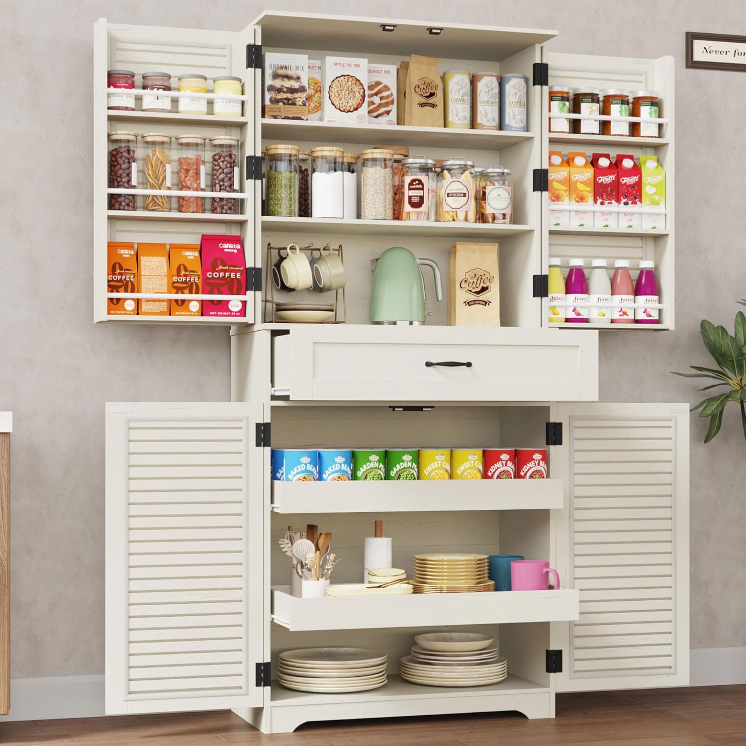 Kitchen Pantry Cabinet with Louver Doors, Farmhouse Pantry with Door Shelves, Kitchen Cabinet with Storage Drawer, Farmhouse Wood Tall Freestanding Cupboard for Dining Room Living Room, Brown