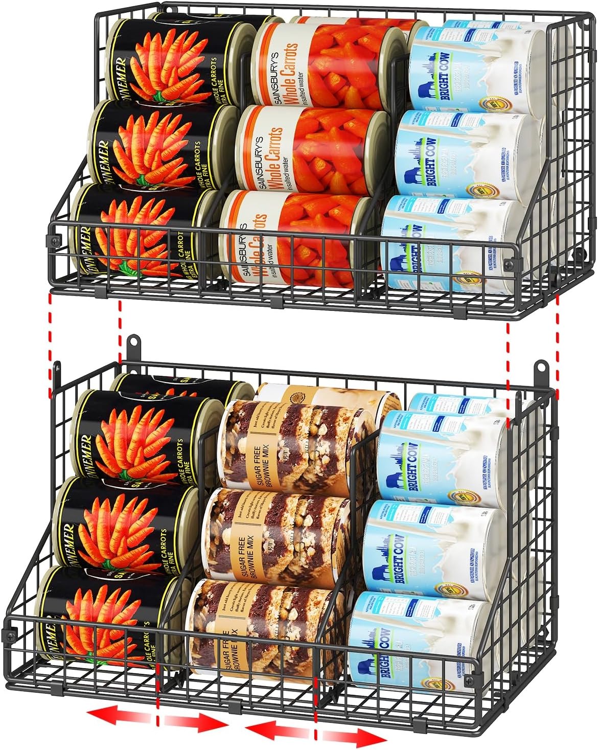 JKsmart 4 Pack Stackable Can Organizer for Pantry with Adjustable Dividers, Soda Can Organizer, Can Storage Dispenser Holds up to 56 Cans, Metal Wire Baskets Can Holder for Kitchen Cabinet Pantry