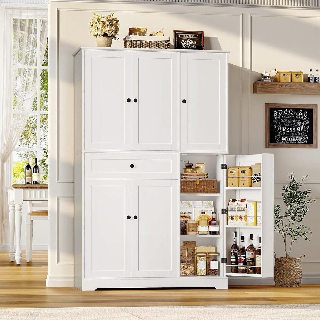 HOSTACK 68" Tall Kitchen Pantry Storage Cabinet, Modern Kitchen Hutch Cabinet with Doors and Shelves, Freestanding Food Pantry with Large Storage Drawer for Dining Room, Living Room, White