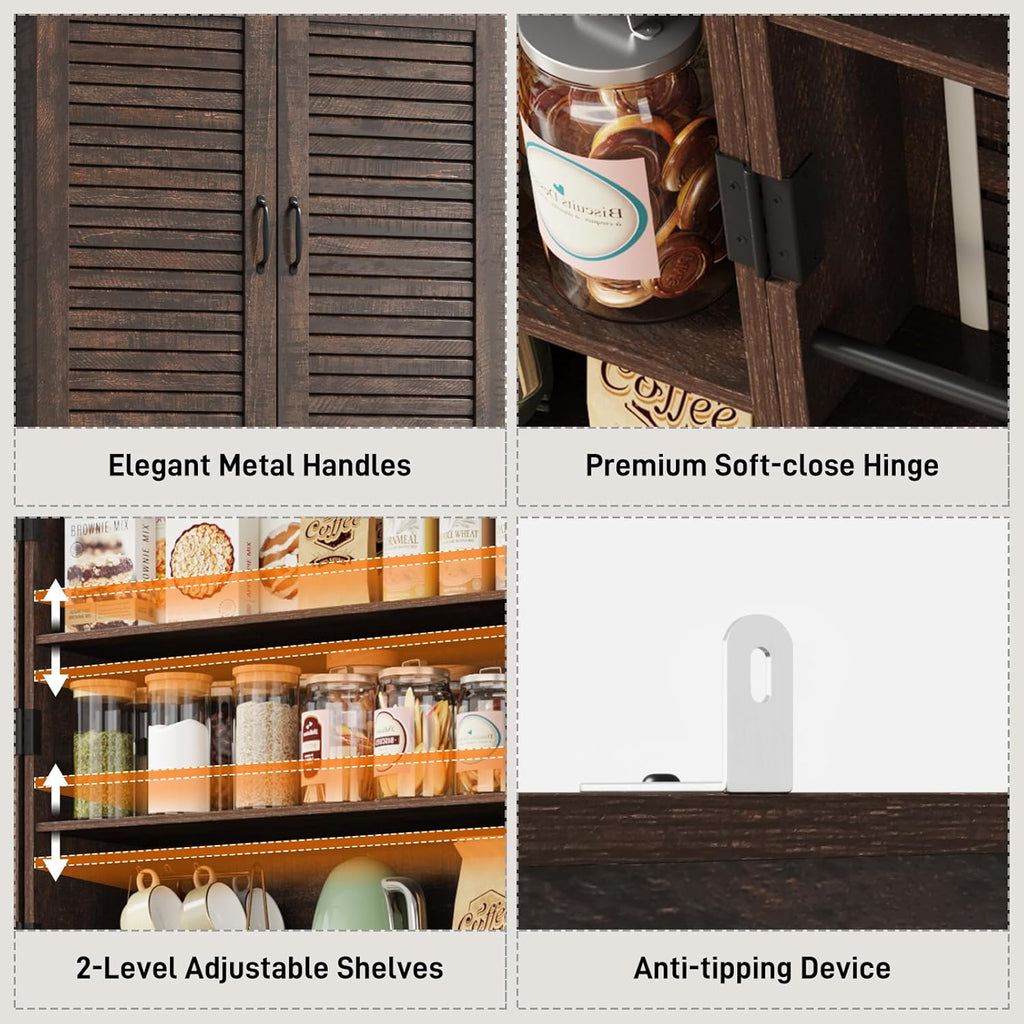 Kitchen Pantry Cabinet with Louver Doors, Farmhouse Pantry with Door Shelves, Kitchen Cabinet with Storage Drawer, Farmhouse Wood Tall Freestanding Cupboard for Dining Room Living Room, Brown