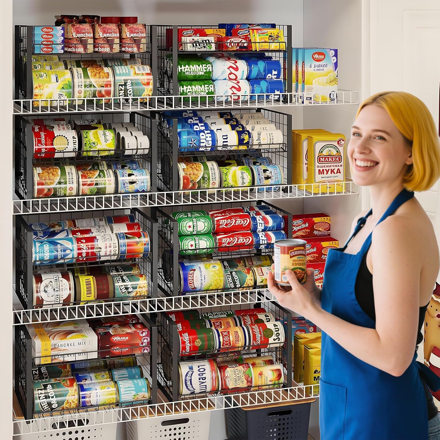 JKsmart 2-Tier Stackable Rack Organizer for Pantry, Adjustable Dispenser Holds Up to 90 Cans, Storage Holder for Various Ounces of Canned Drinks, Black, 3 Pack