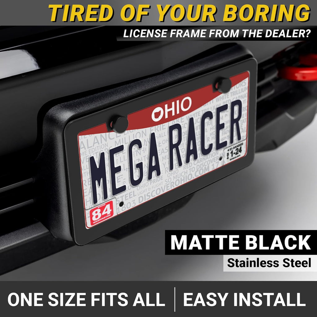 Premium Slim Matte Black License Plate Frames – 2 Pack, Rust-Free Stainless Steel & Rattle-Free, Street Legal, Universal with Screw Caps, Thin Metal Front & Rear Car Tag Holders for Men & Women