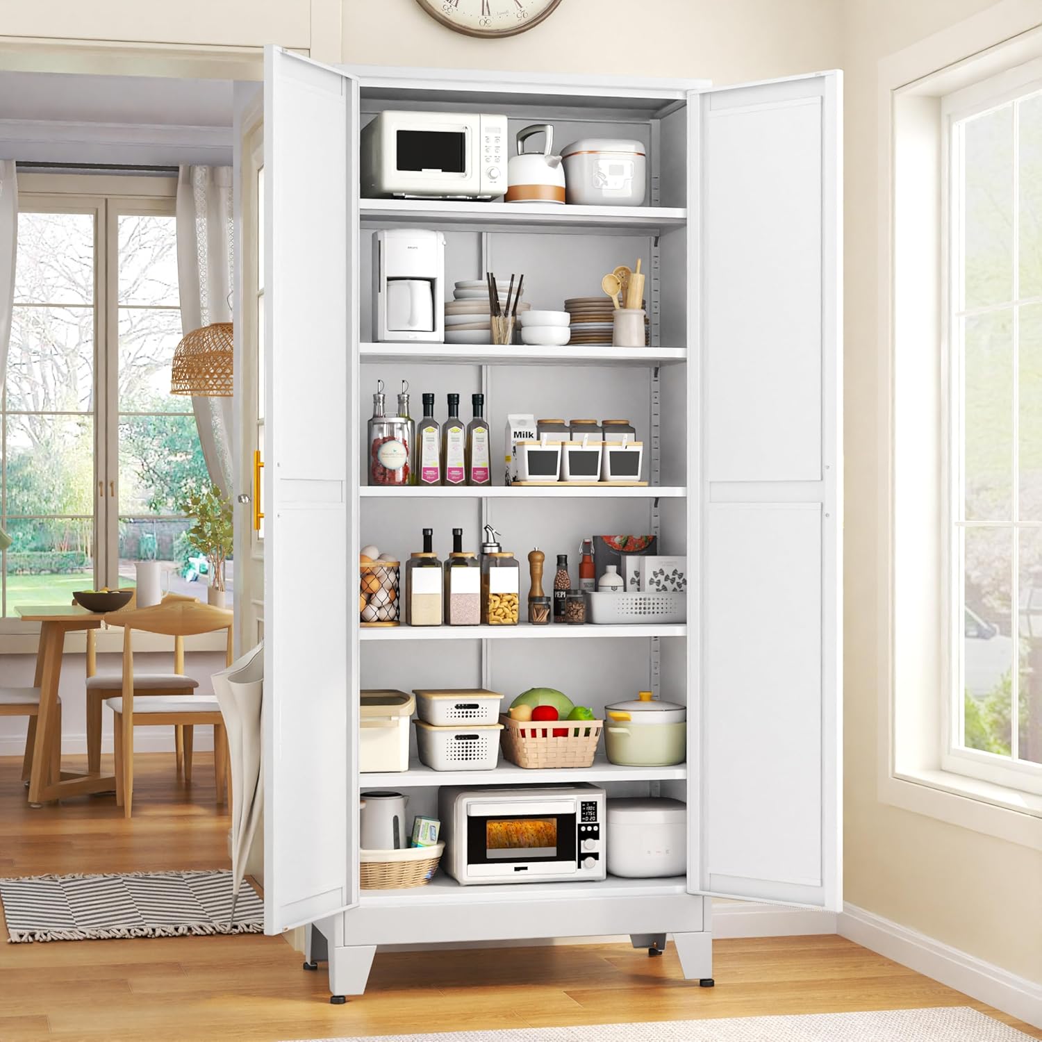 75.2" Tall Metal Kitchen Pantry Storage Cabinets with 2 Door and 5 Adjustable Shelves, Cupboard for Kitchen, Dining Room, Living Room and Bathroom, White