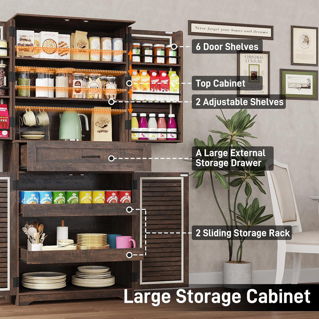 Kitchen Pantry Cabinet with Louver Doors, Farmhouse Pantry with Door Shelves, Kitchen Cabinet with Storage Drawer, Farmhouse Wood Tall Freestanding Cupboard for Dining Room Living Room, Brown